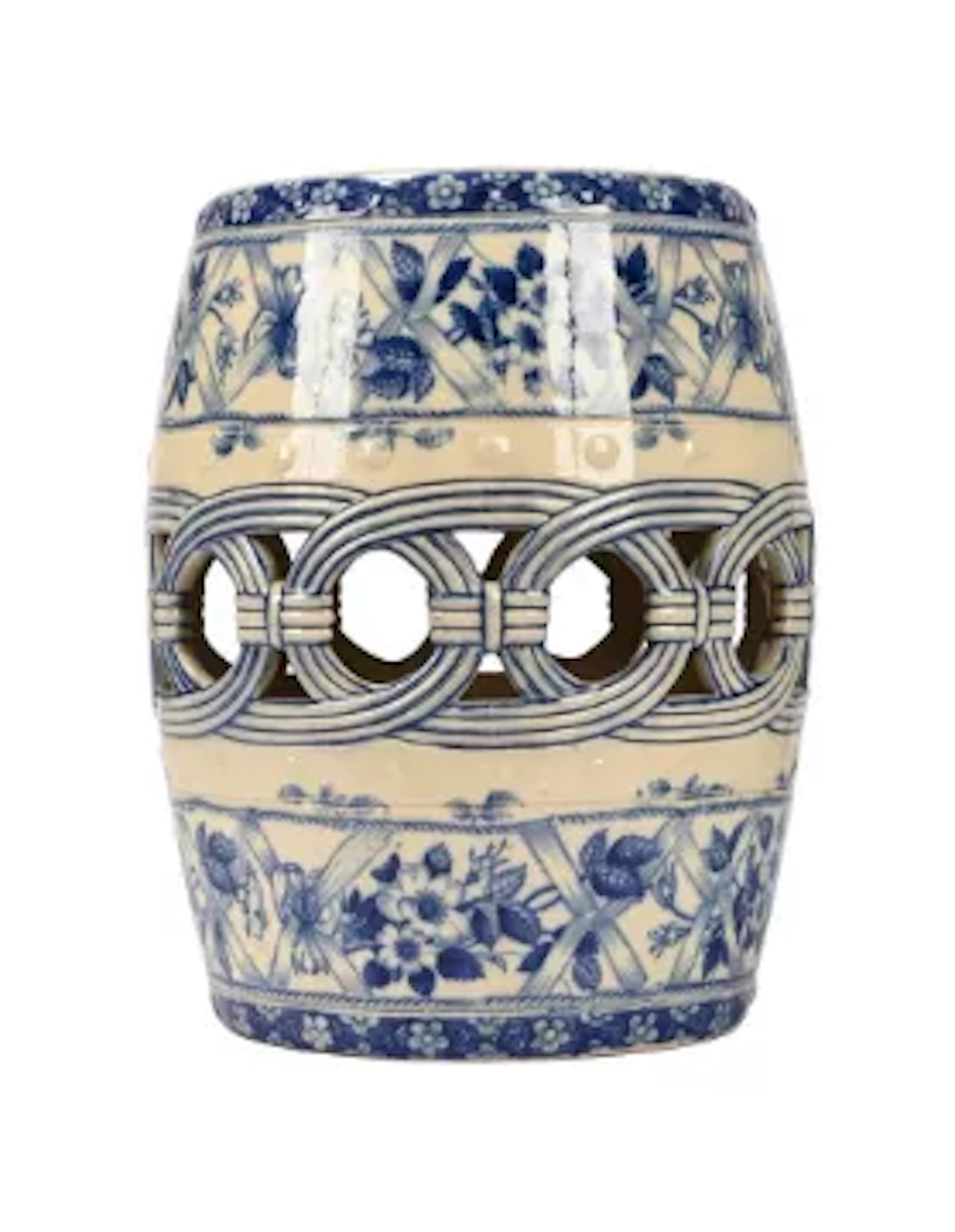 AN ENGLISH POTTERY BLUE AND WHITE TRANSFER PRINTED, AESTHETIC SEAT