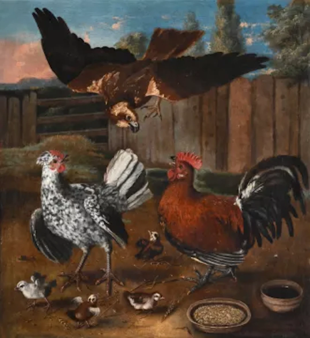 TRAJAN HUGHES (BRITISH 1670 - ?), BUZZARD ATTACKING POULTRY IN A FARMYARD