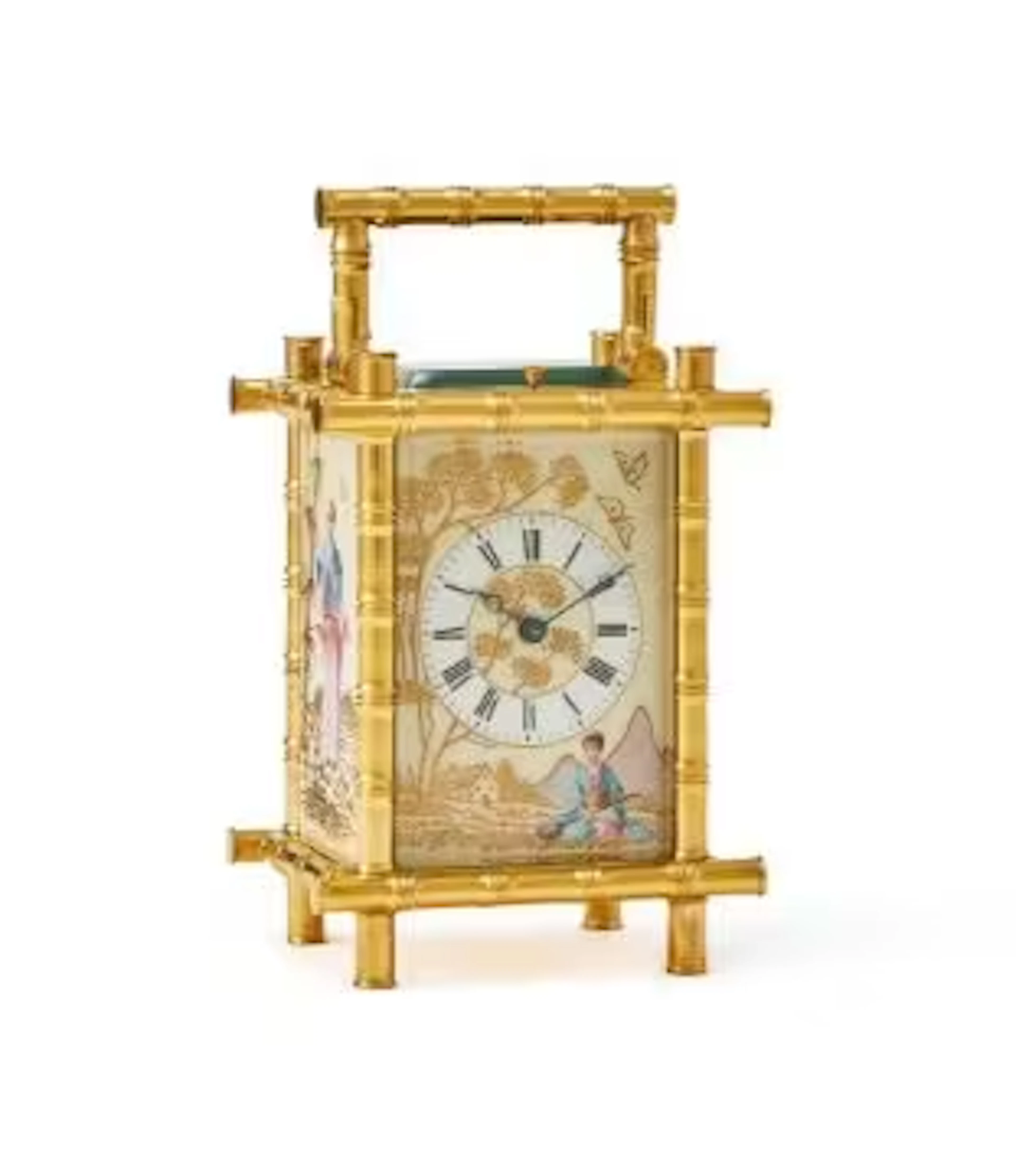 A FRENCH GILT BRASS AND PORCELAIN PANEL INSET BAMBOO CASED CARRIAGE
