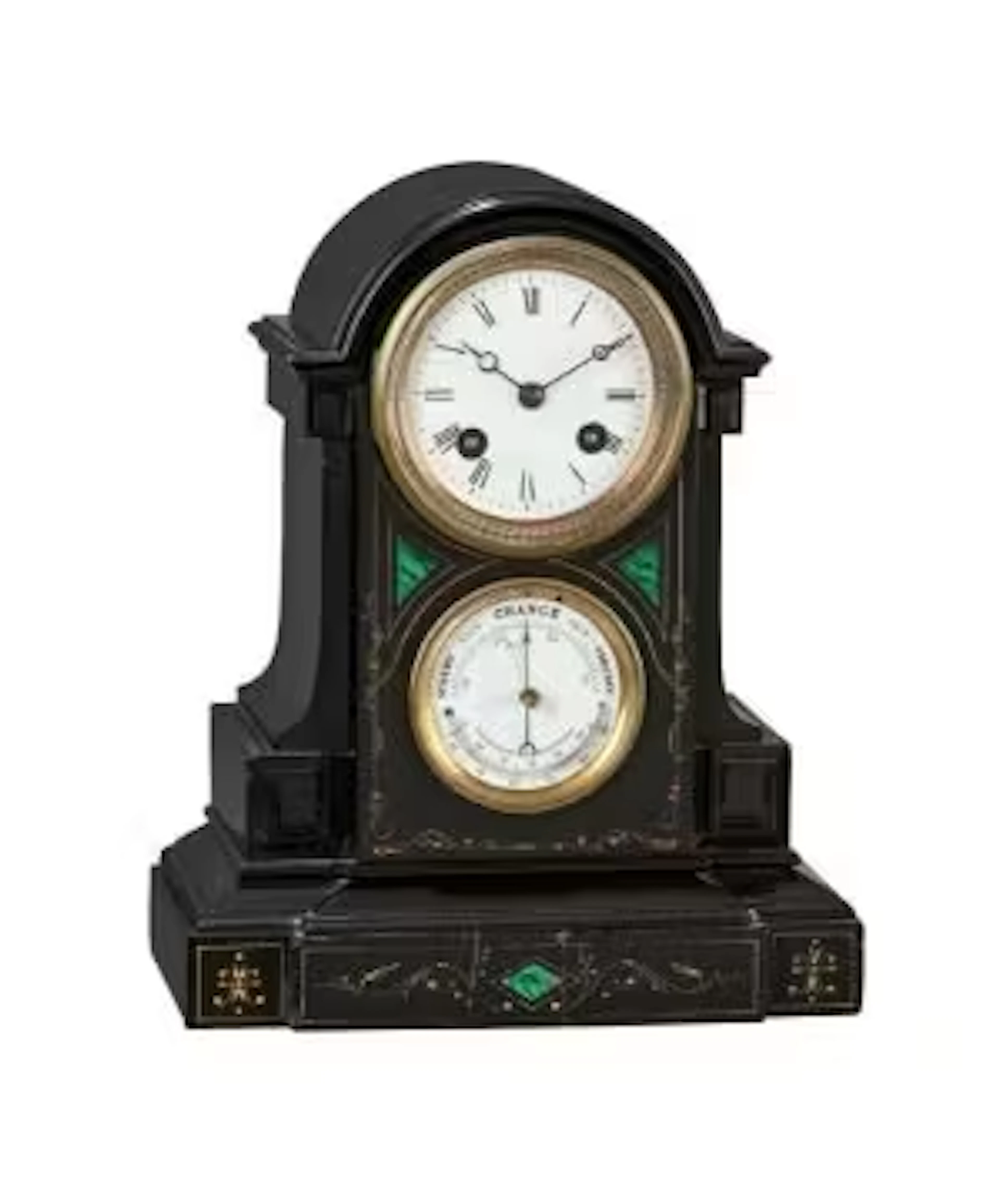 A FRENCH SMALL MALACHITE INSET BELGE NOIR MARBLE MANTEL CLOCK WITH