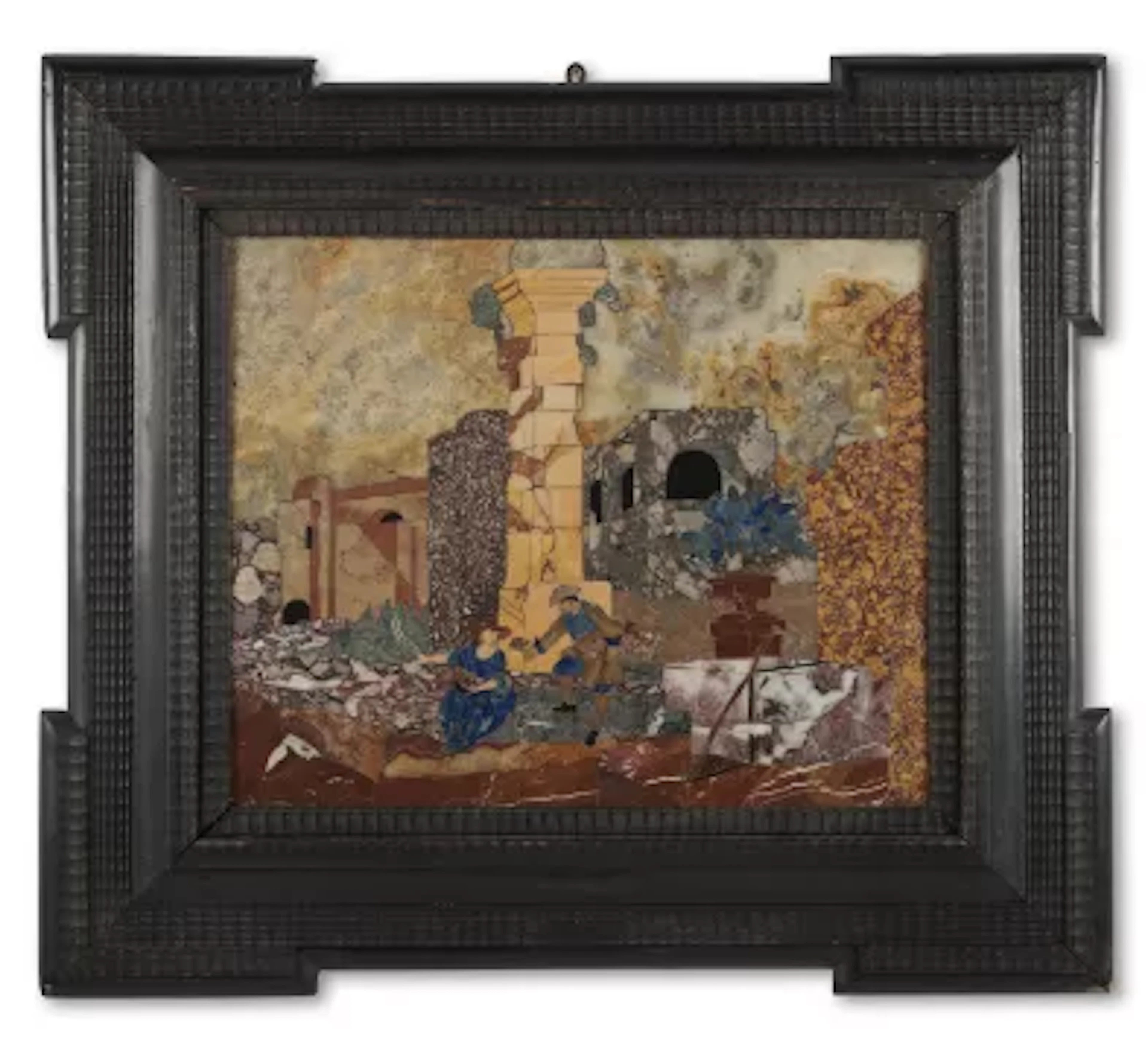 A SPECIMEN MARBLE AND PIETRA DURA PANEL OF A LANDSCAPE WITH FIGURES