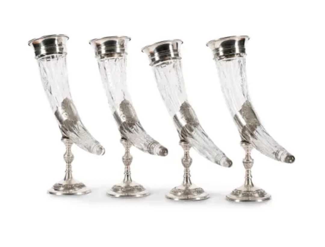 A SET OF FOUR SILVER PLATED AND CUT GLASS CORNUCOPIA VASES, UNMARKED