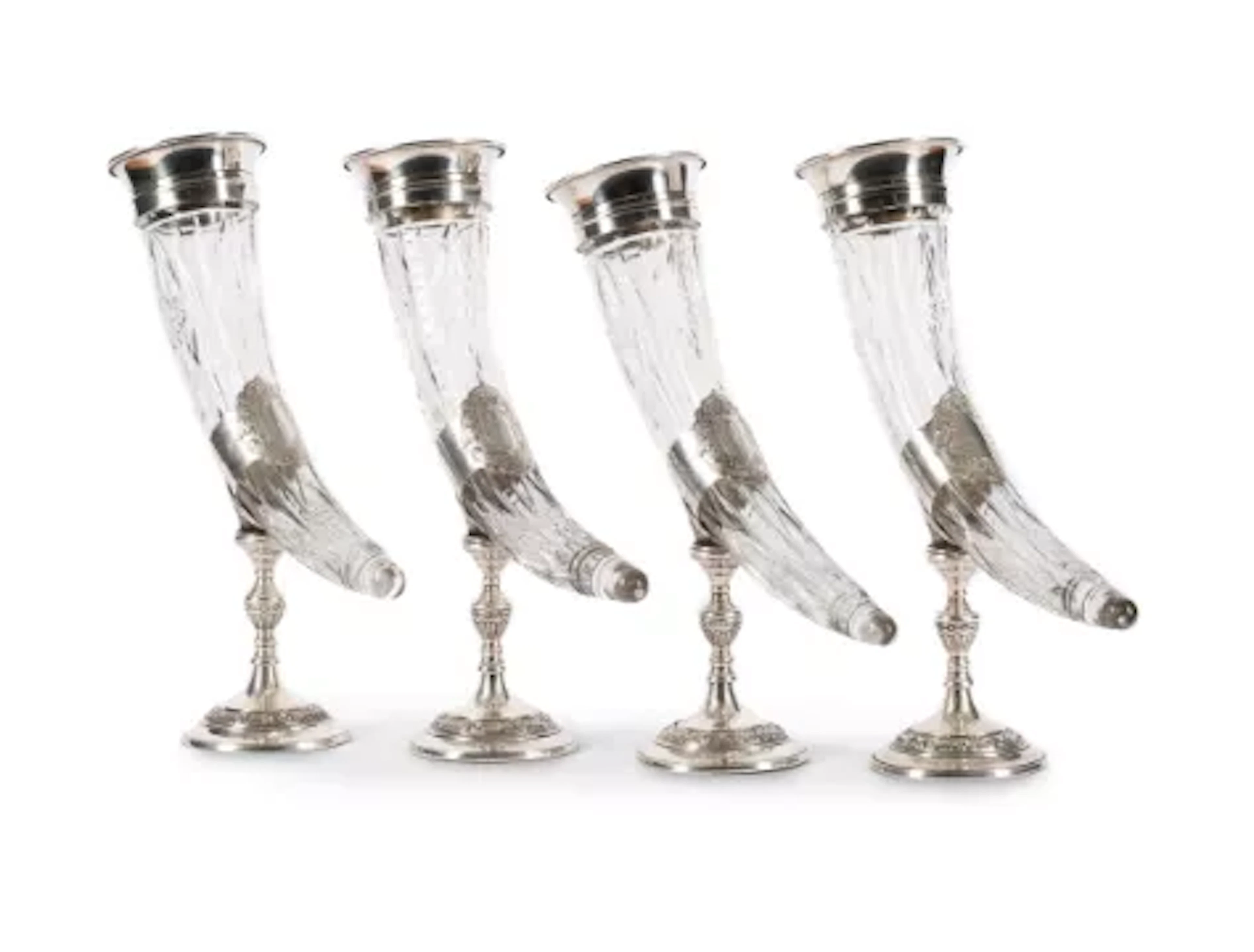 A SET OF FOUR SILVER PLATED AND CUT GLASS CORNUCOPIA VASES, UNMARKED