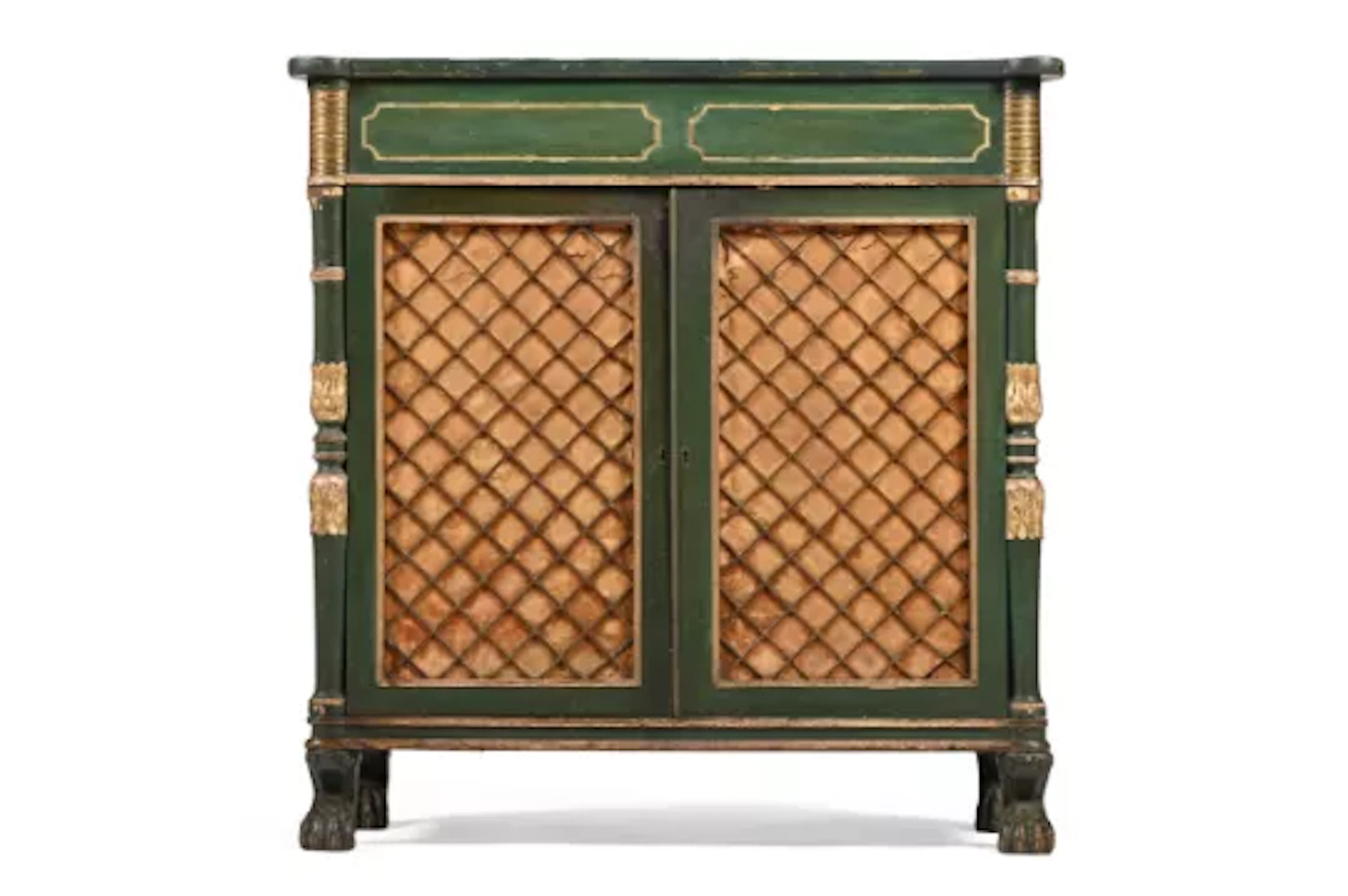 A REGENCY GREEN PAINTED, PARCEL GILT AND BRASS MOUNTED SIDE CABINET, CIRCA 1815