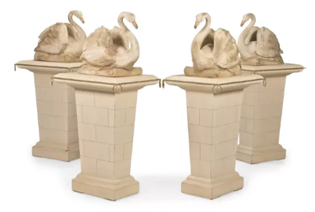 A SET OF FOUR CARVED WOOD AND PAINTED SWANS ON PEDESTALS, CONTEMPORARY