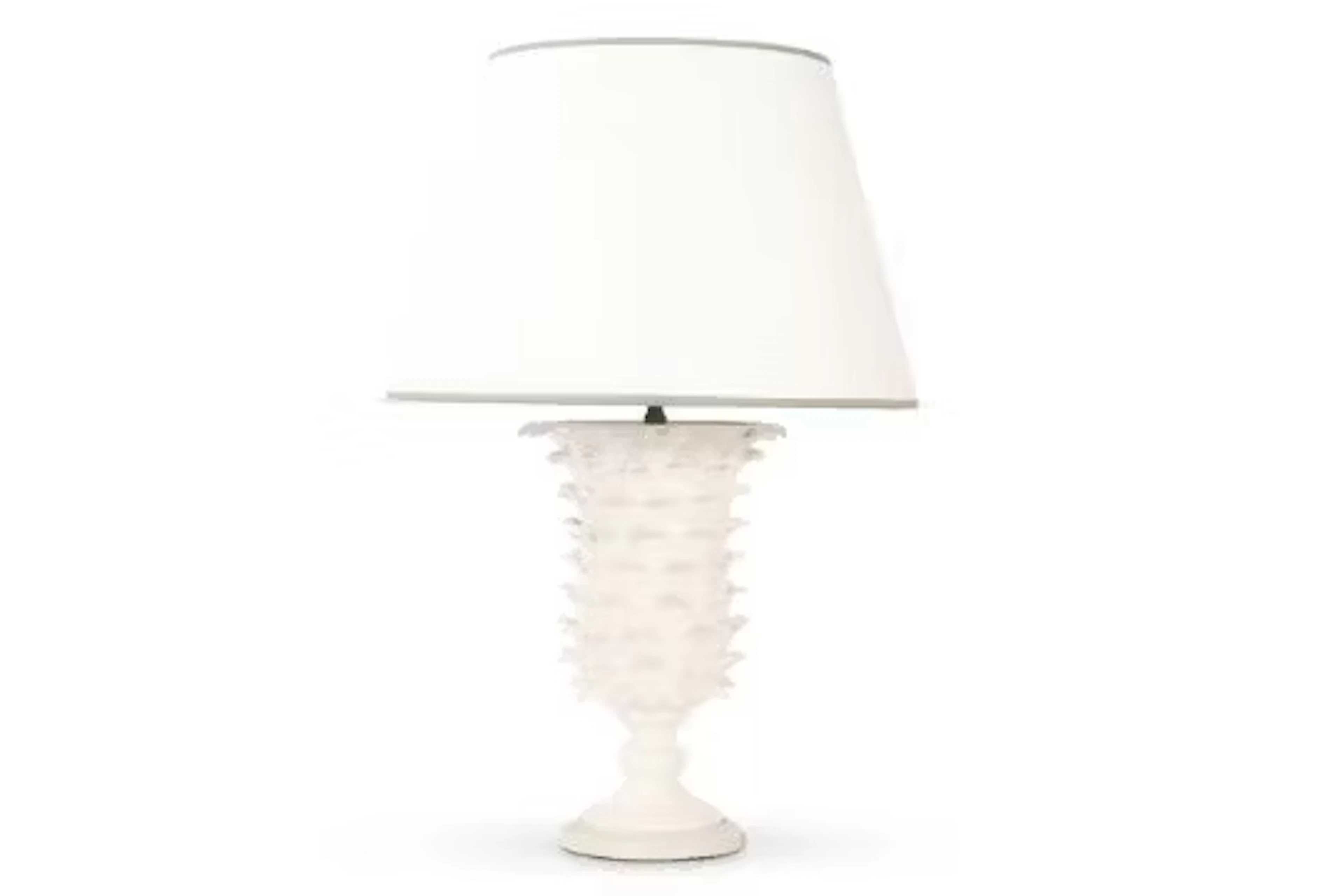 A WHITE GLAZED TERRACOTTA LAMP IN A STYLISED ARTICHOKE FORM, MODERN
