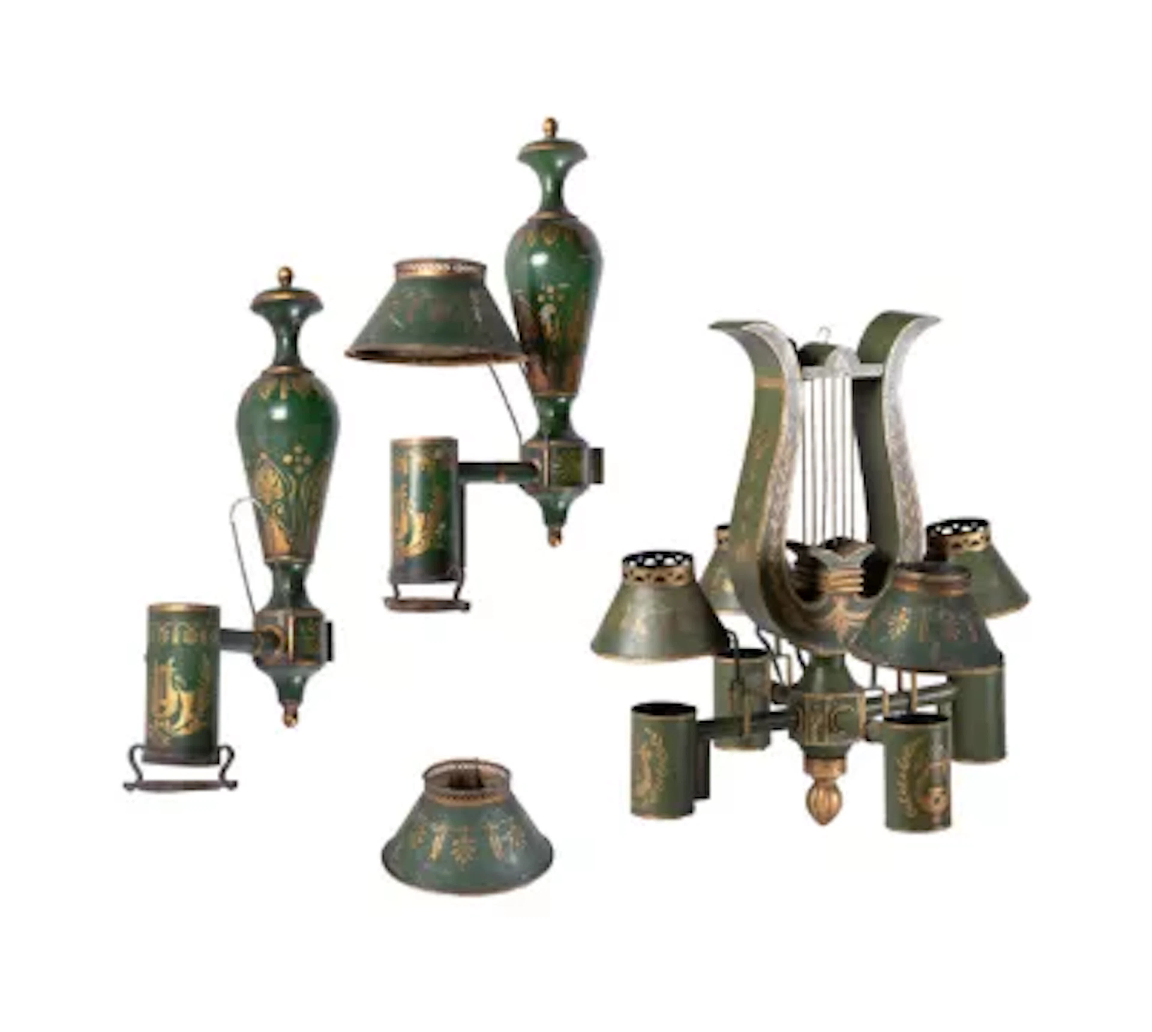 A TOLE AND COMPOSITION FOUR BRANCH LYRE SHAPED CHANDELIER, ALONG WITH