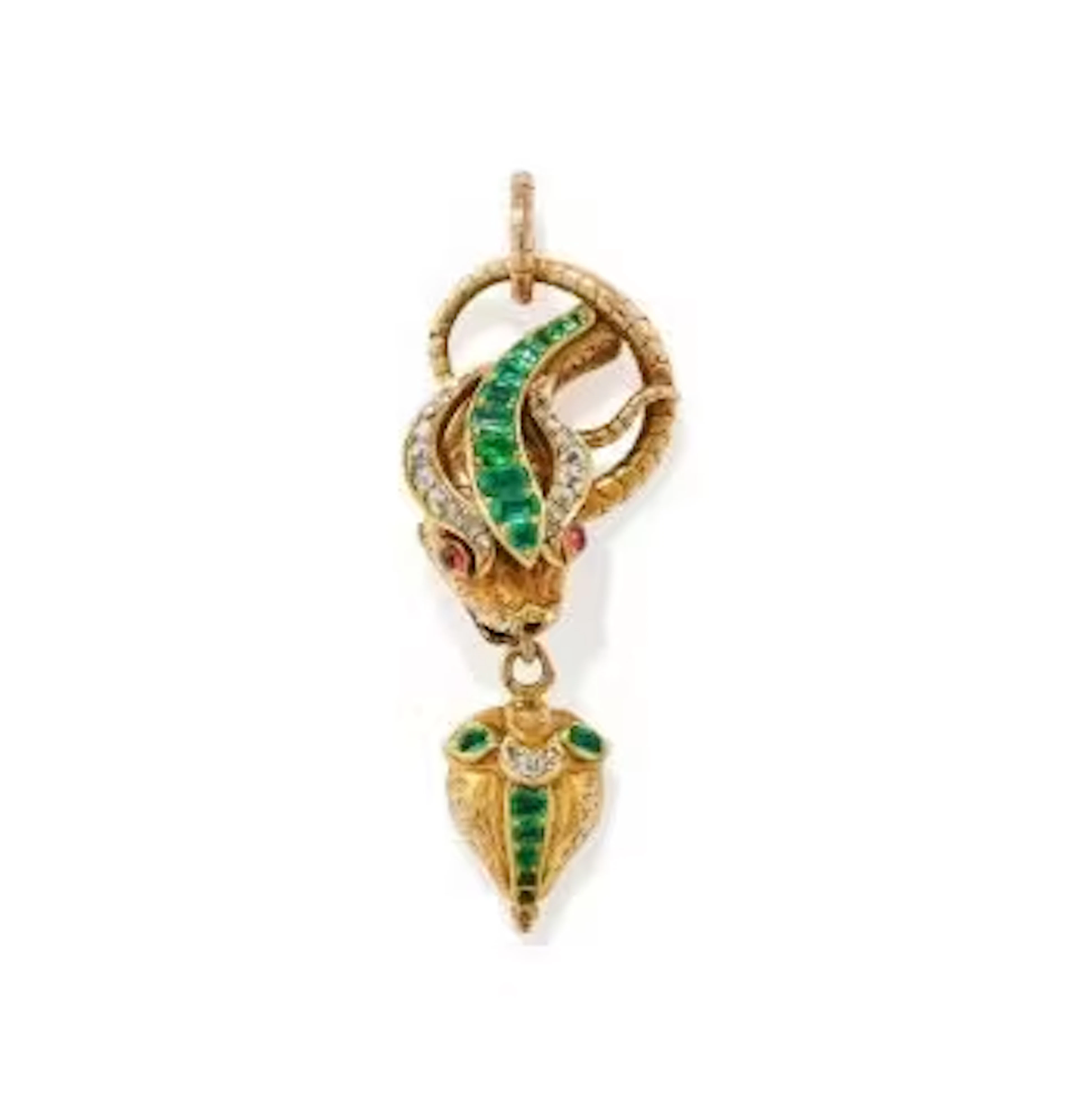 A VICTORIAN EMERALD AND DIAMOND SERPENT PENDANT
