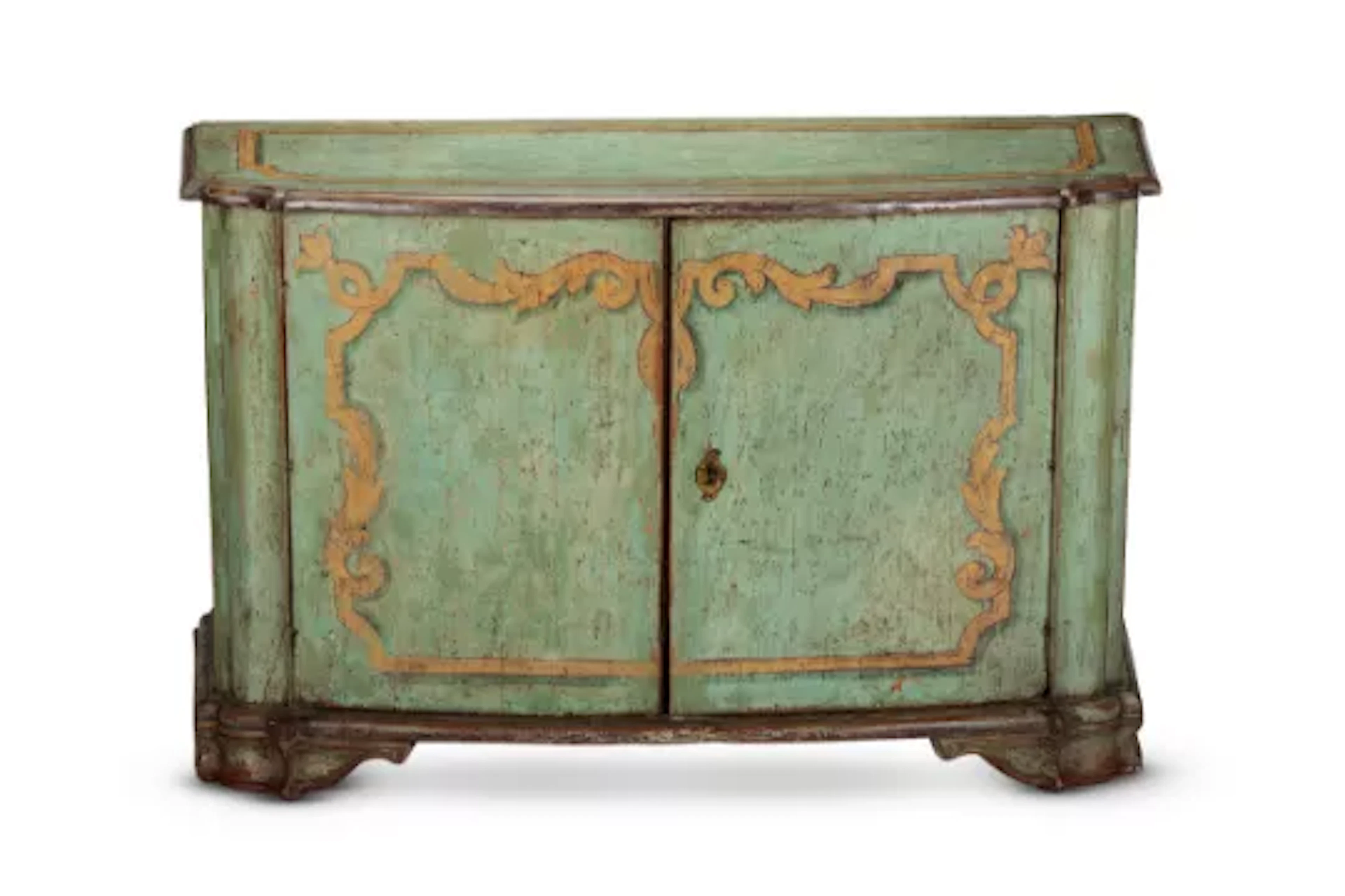 A GREEN PAINTED AND PARCEL GILT BOWFRONT SIDE CABINET, ITALIAN, 18TH