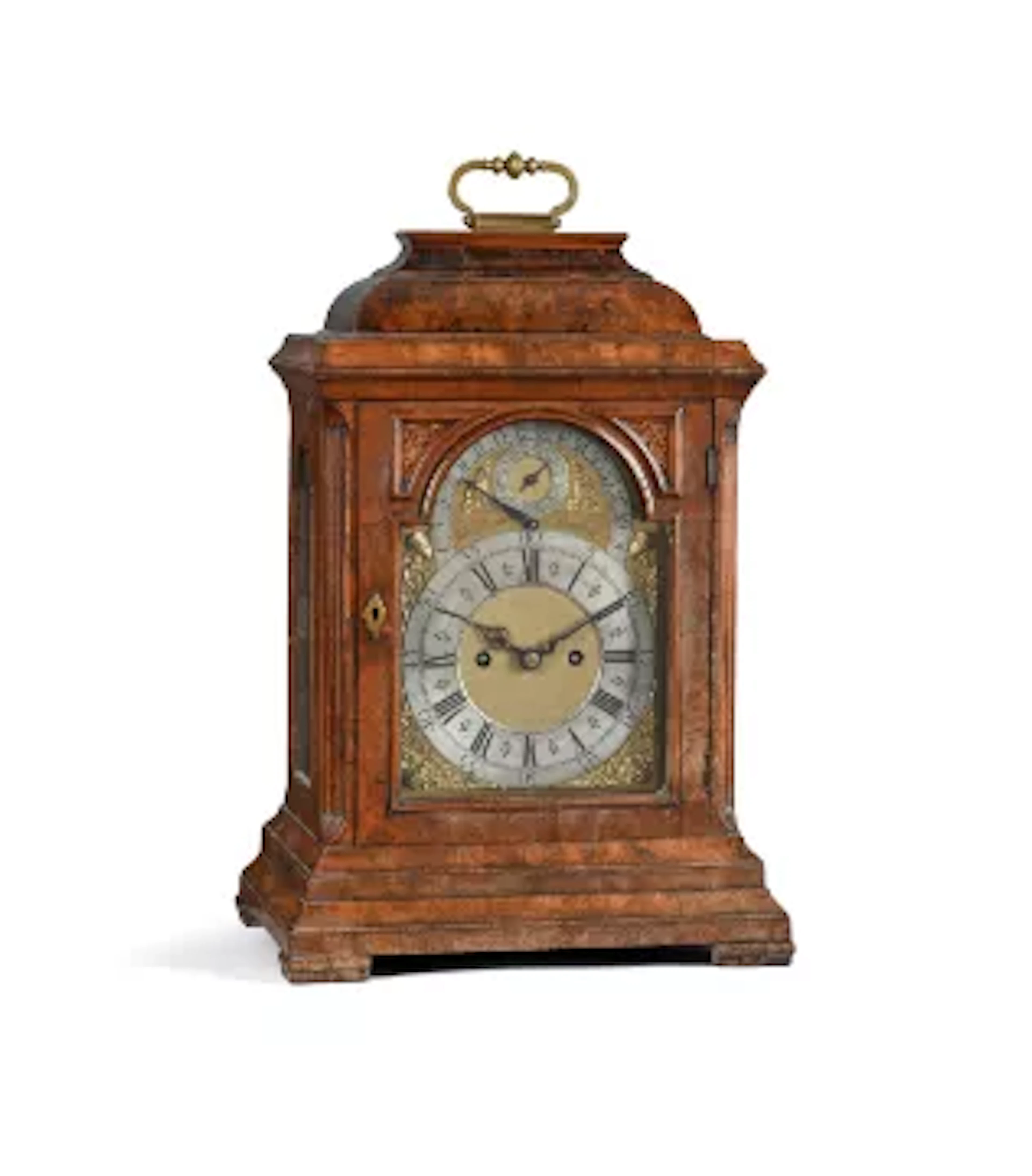 A FINE GEORGE II BURR WALNUT TABLE/BRACKET CLOCK WITH FLY-BACK CALENDAR