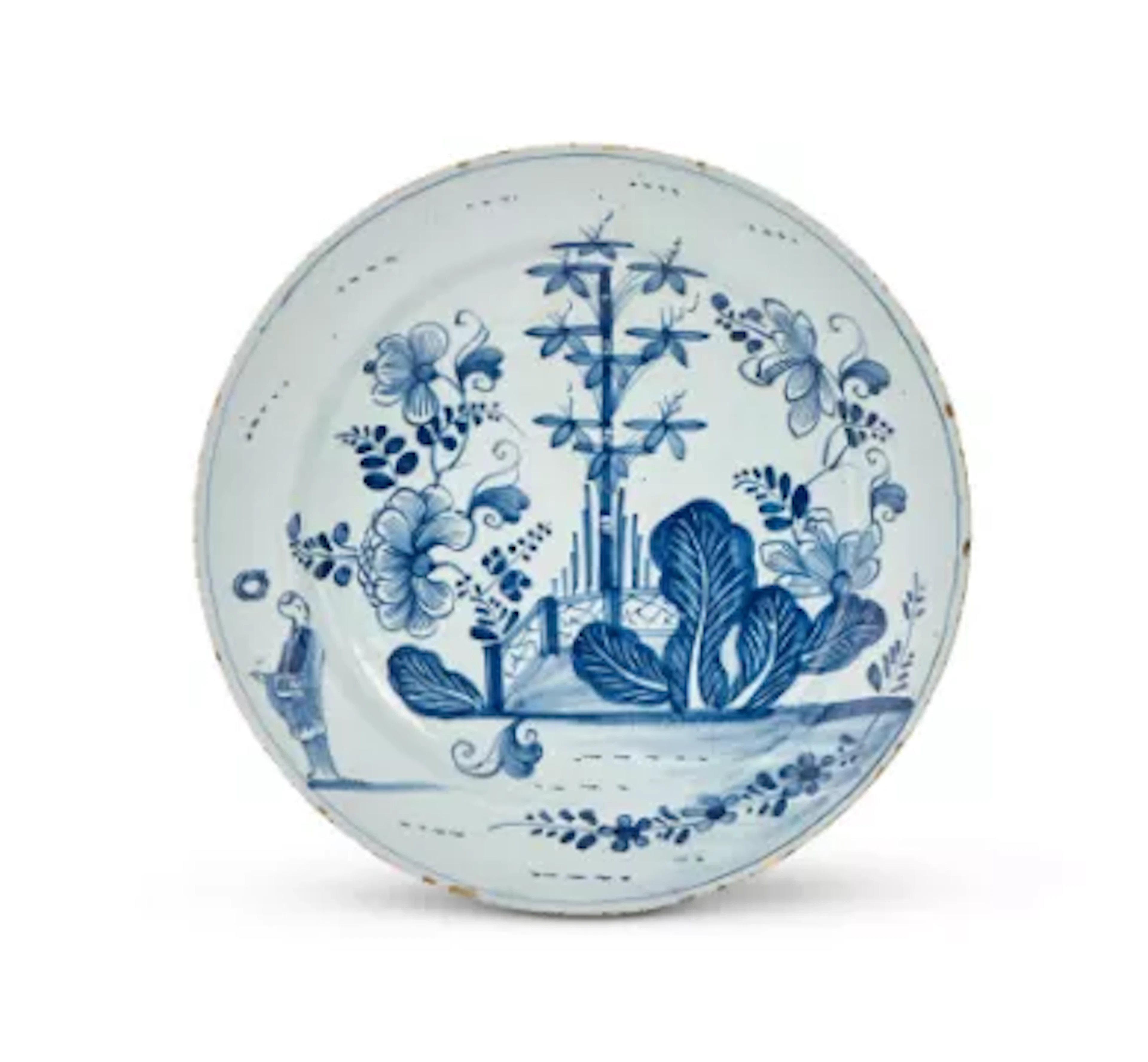AN ENGLISH DELFT BLUE AND WHITE CHINOISERIE PLATE, PROBABLY BRISTOL