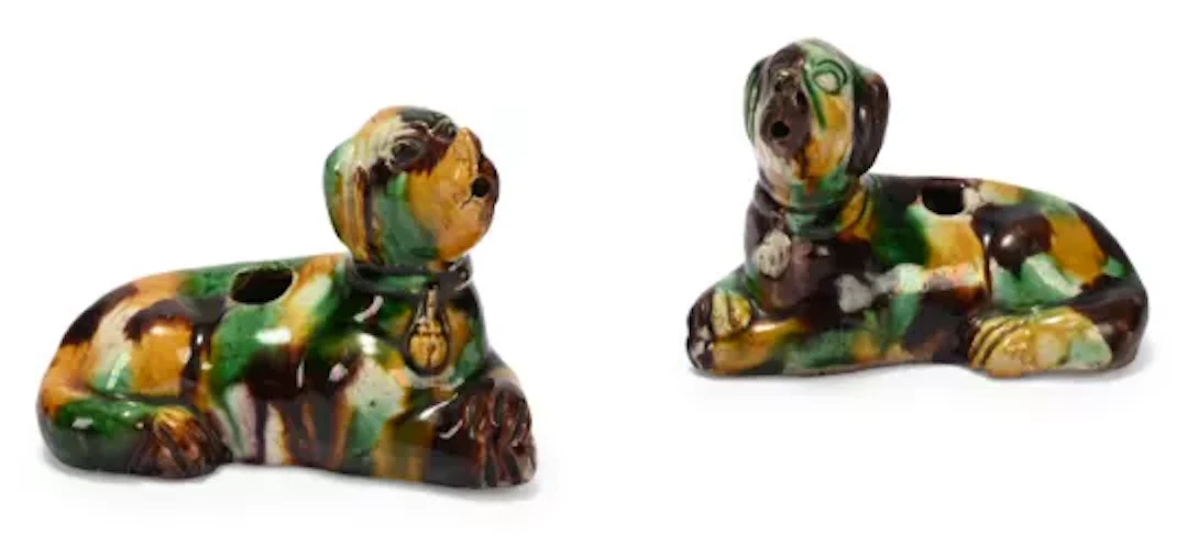 A pair of Chinese sancai glazed water droppers in the form of hounds