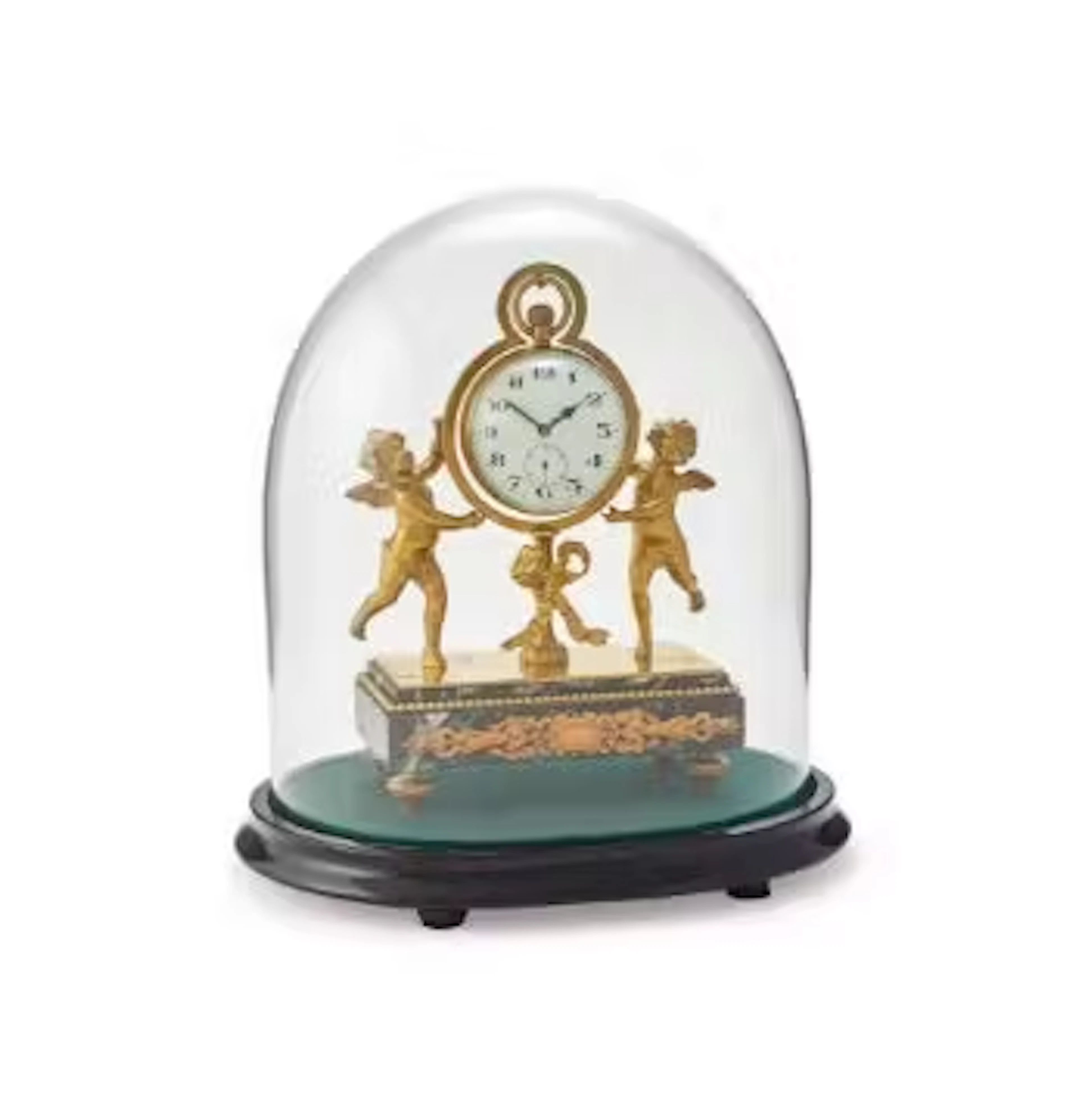 A SWISS GLASS BALL DESK WATCH SUPPORTED WITHIN A FRENCH GILT BRASS