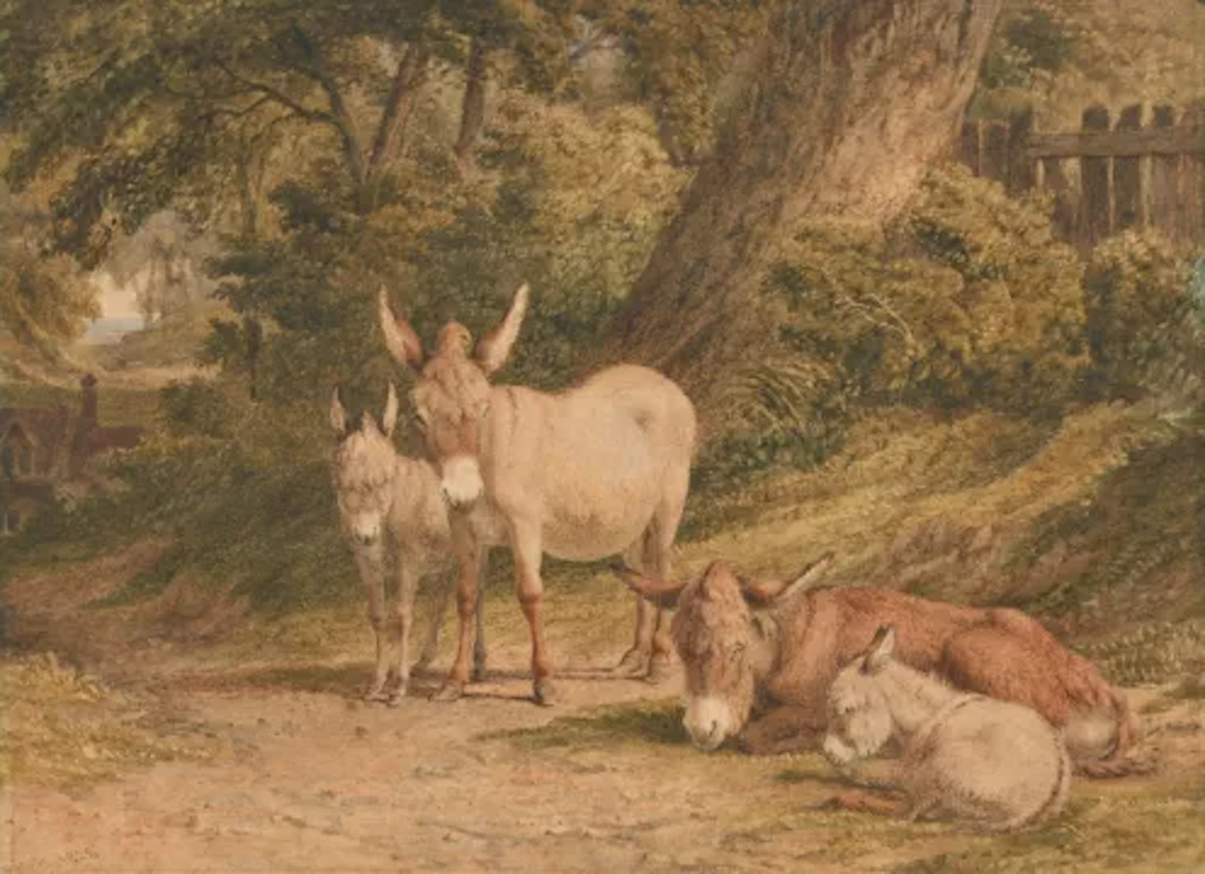 ROBERT HILLS O.W.S. (BRITISH 1769-1844), DONKEYS IN A WOODLAND GLADE