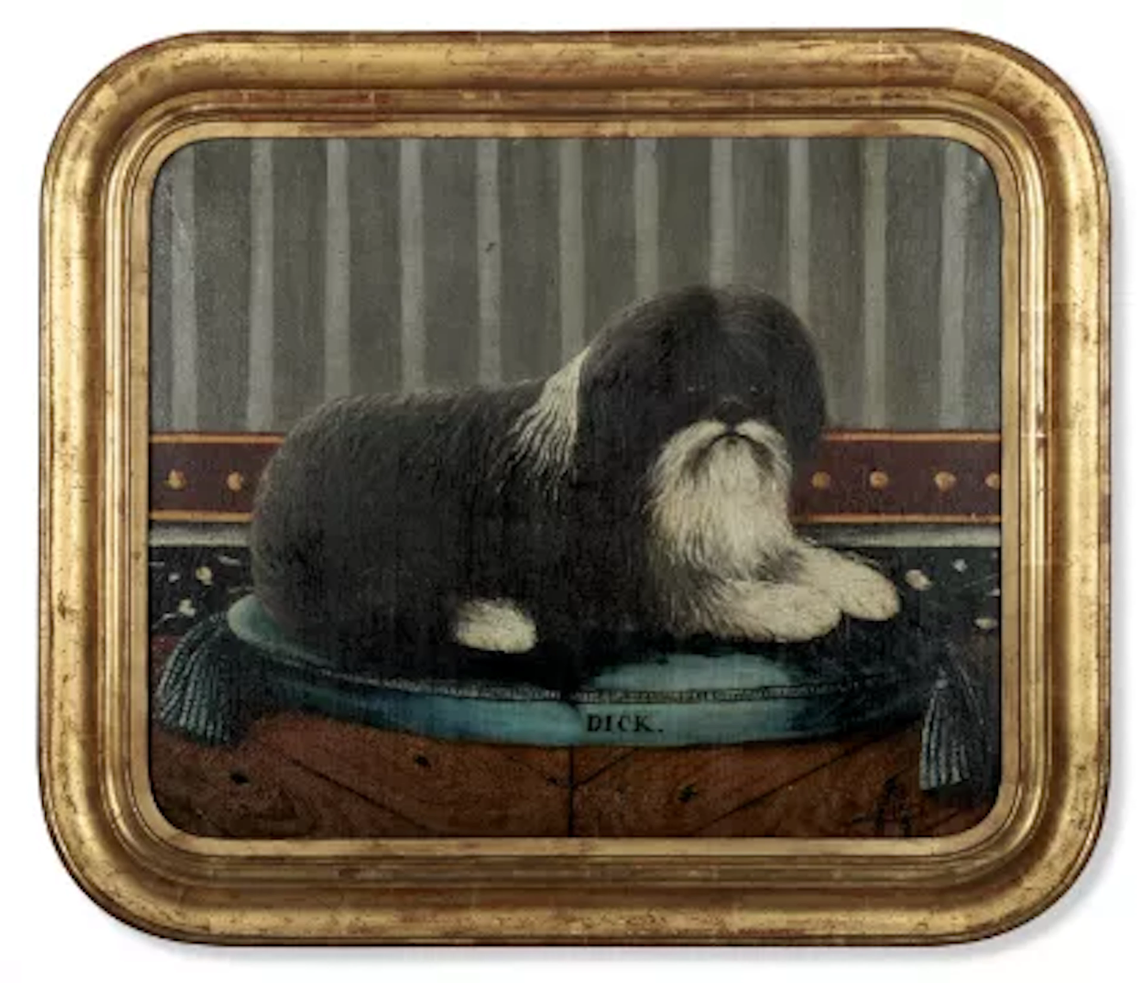 FRENCH SCHOOL (19TH CENTURY), DICK, A LONG-HAIRED DOG, SEATED ON A CUSHION