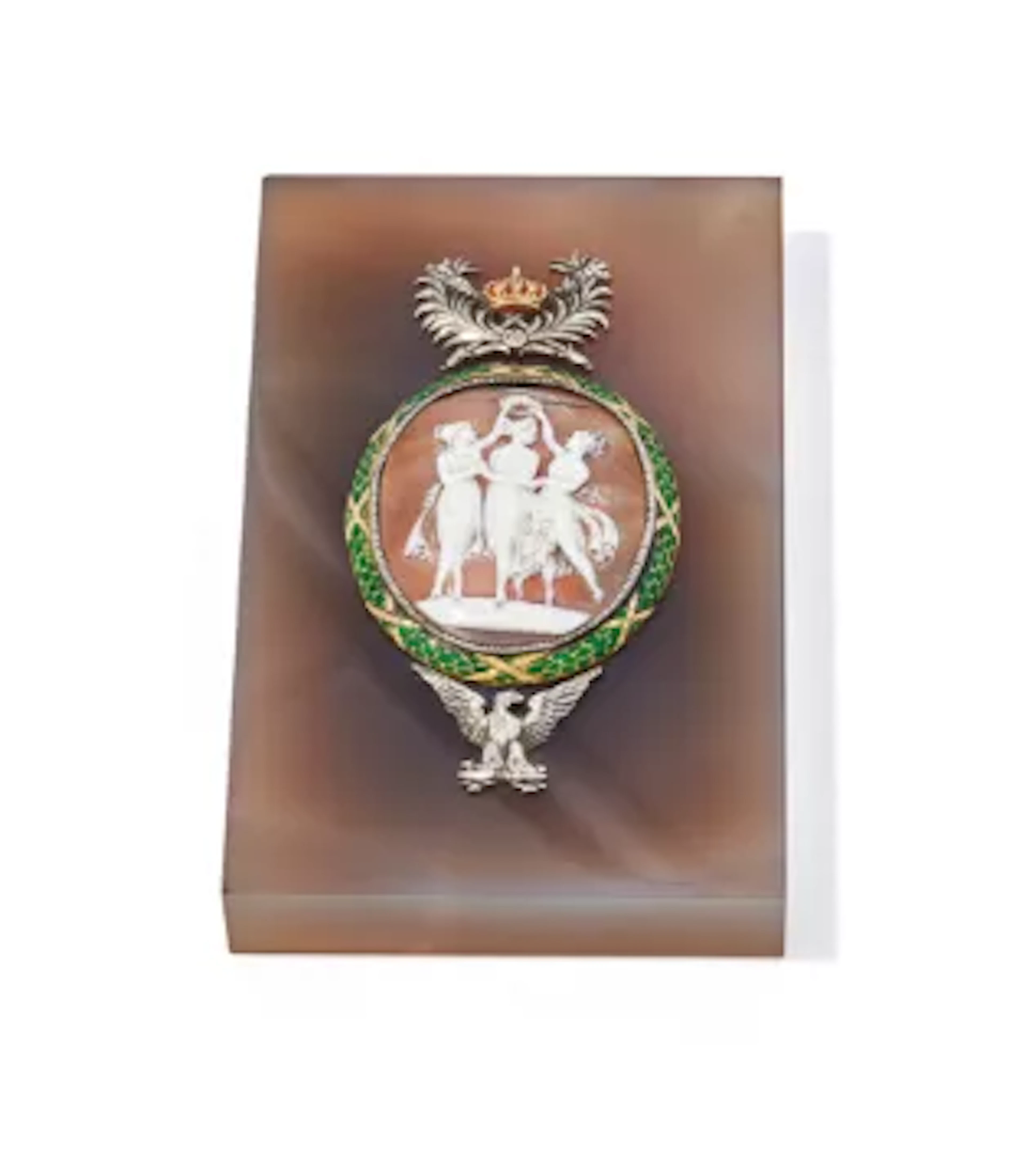 AN EMPIRE REVIVAL AGATE DESK WEIGHT, UNMARKED, PROBABLY FRENCH, CIRCA 1880-1900