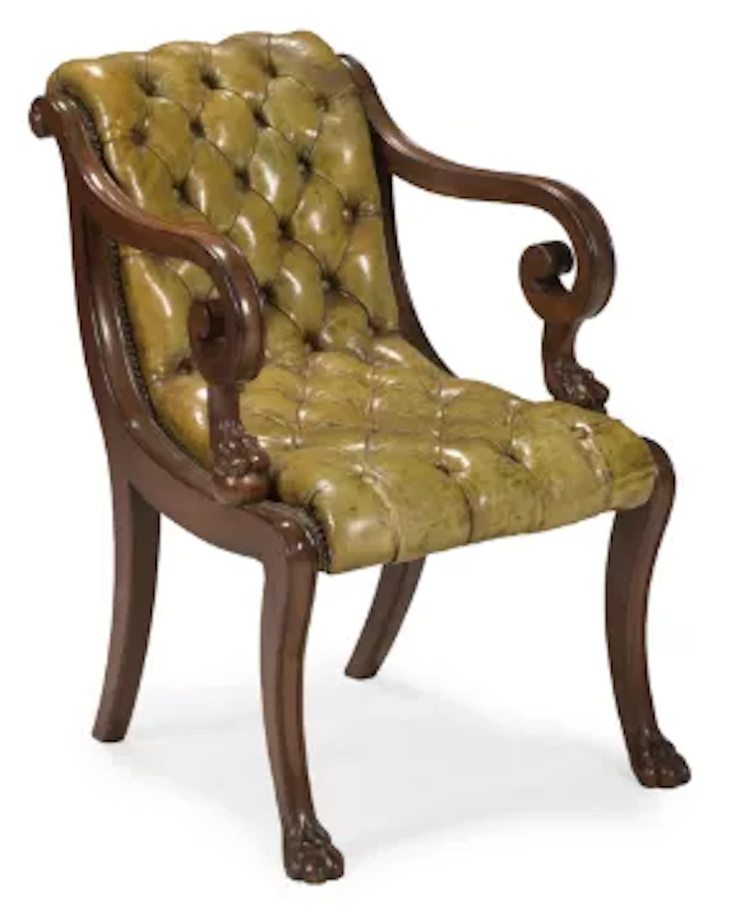 A REGENCY MAHOGANY AND BUTTONED LEATHER UPHOLSTERED LIBRARY ARMCHAIR