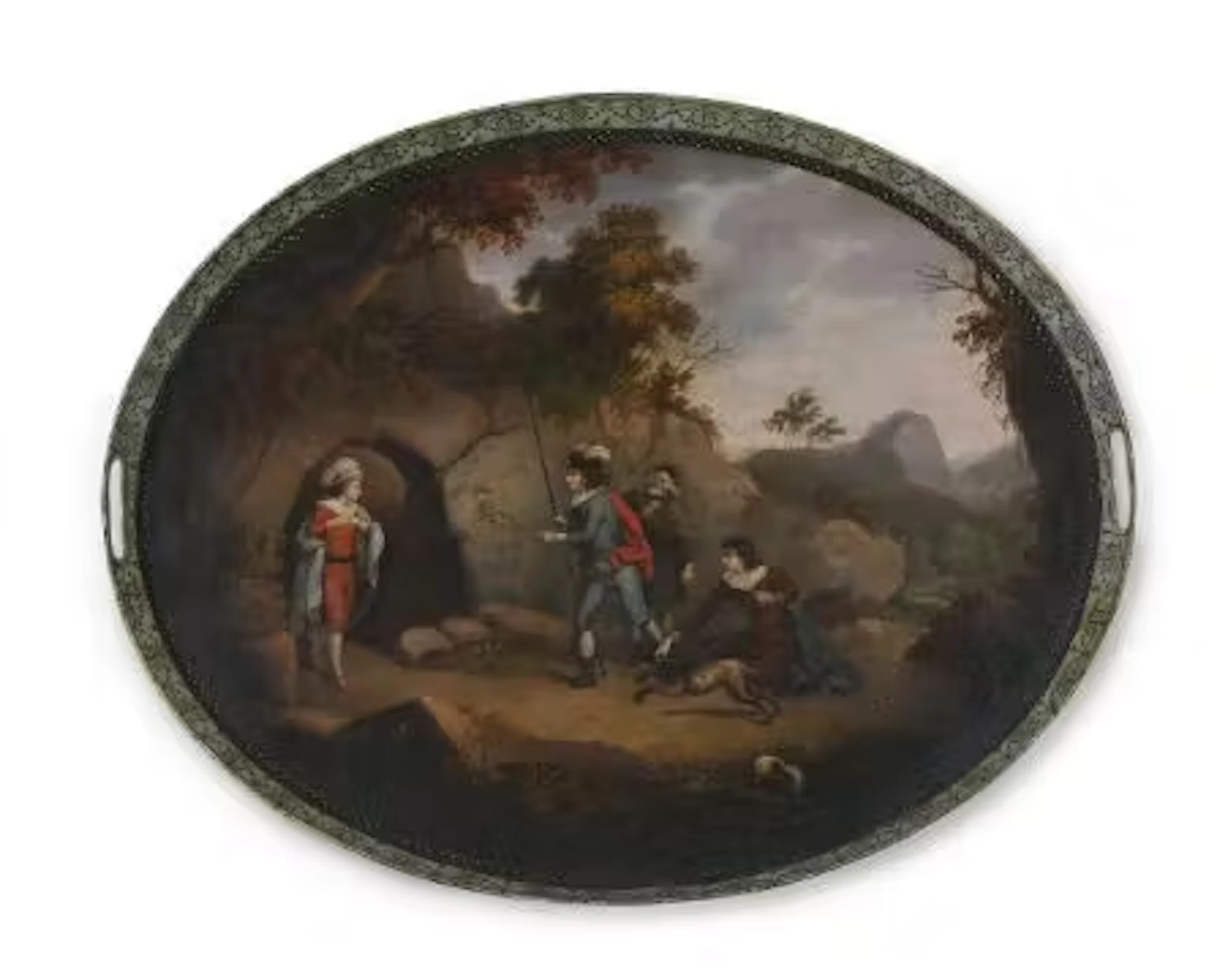 A RARE REGENCY SHAKESPEARE SUBJECT TOLE PEINTE OVAL TRAY, EARLY 19TH CENTURY