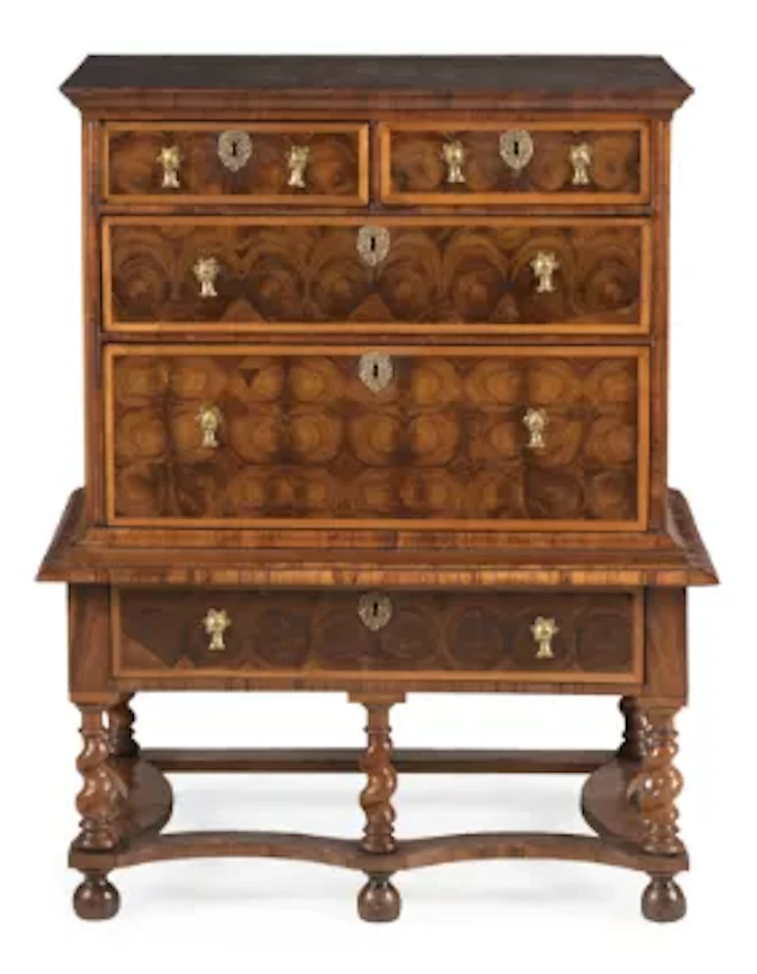 A WILLIAM & MARY OLIVEWOOD OYSTER, FRUITWOOD AND WALNUT CHEST ON STAND