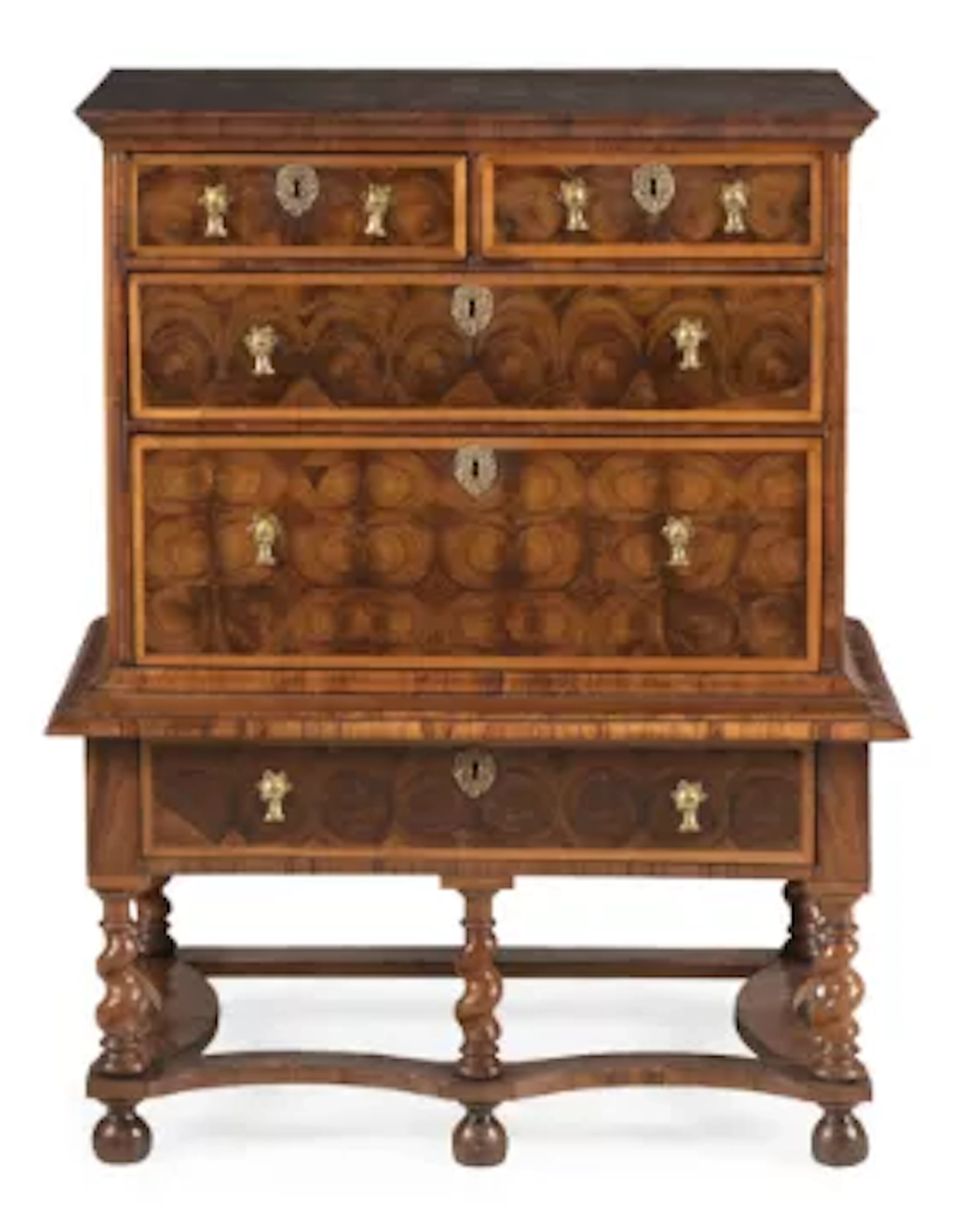 A WILLIAM & MARY OLIVEWOOD OYSTER, FRUITWOOD AND WALNUT CHEST ON STAND
