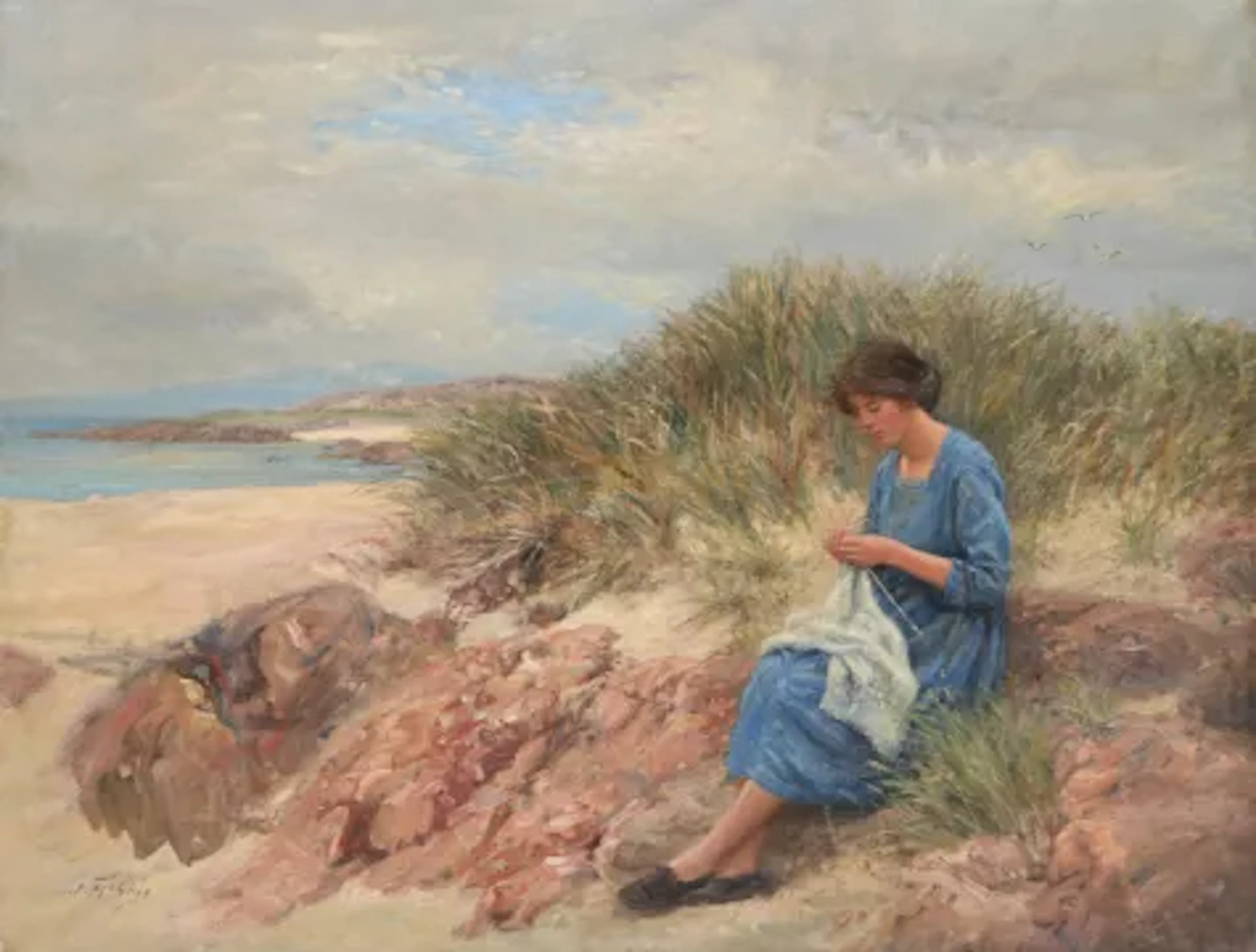 JOHN MCGHIE (SCOTTISH 1867-1952), KNITTING BY THE SHORE