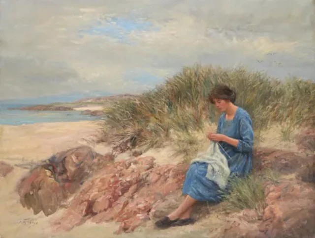 JOHN MCGHIE (SCOTTISH 1867-1952), KNITTING BY THE SHORE