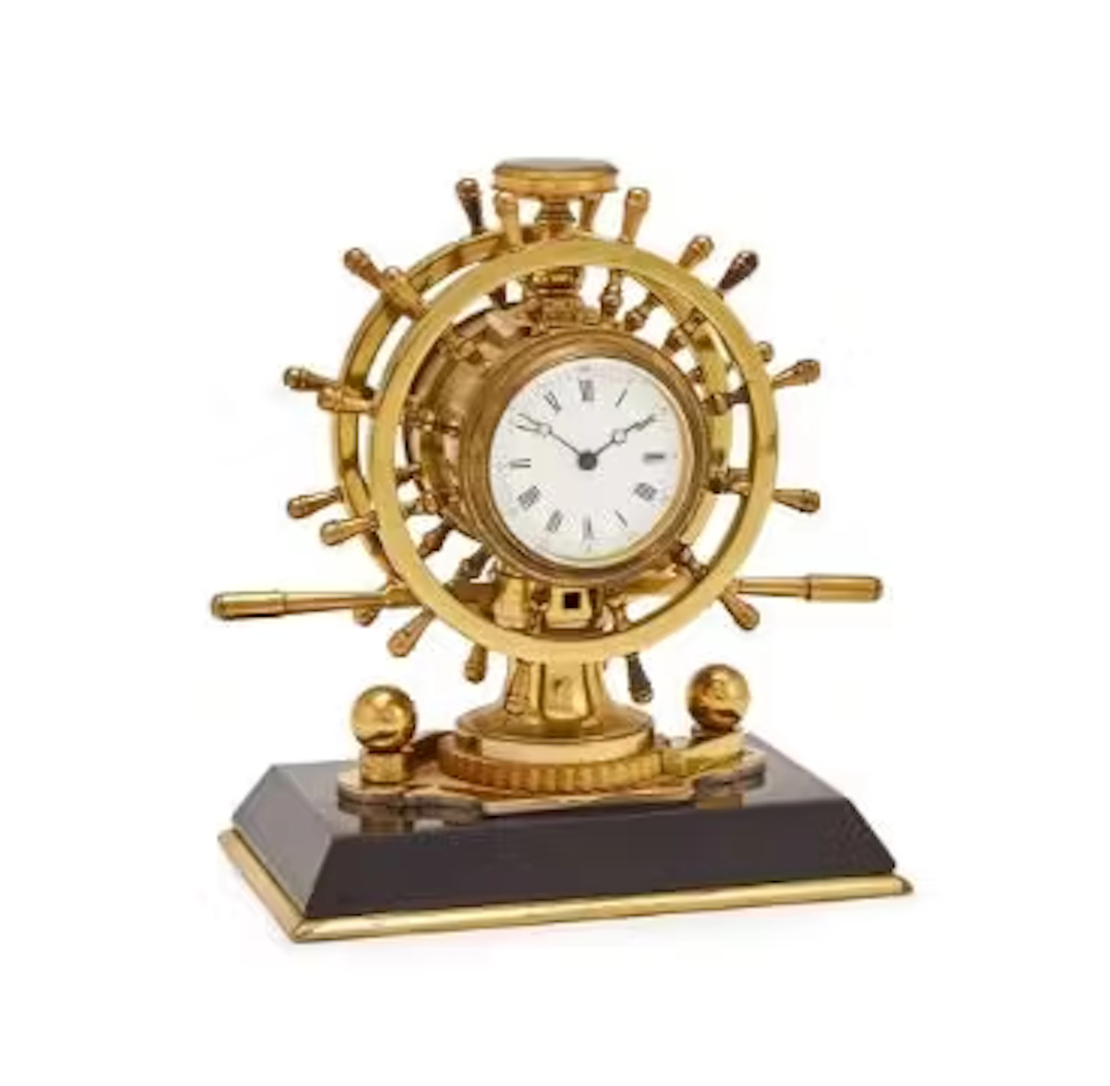 A FRENCH GILT BRASS AND MARBLE NOVELTY SHIP'S WHEEL CAPSTAN TIMEPIECE