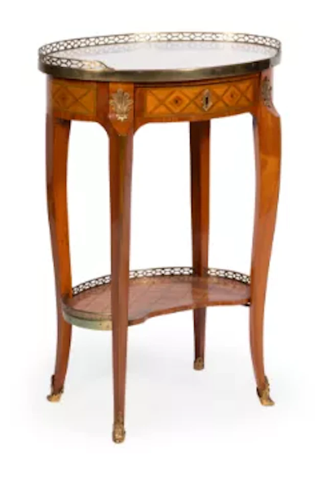 Y A FRENCH SATINWOOD, TULIPWOOD AND PARQUETRY OVAL SECTION SIDE TABLE