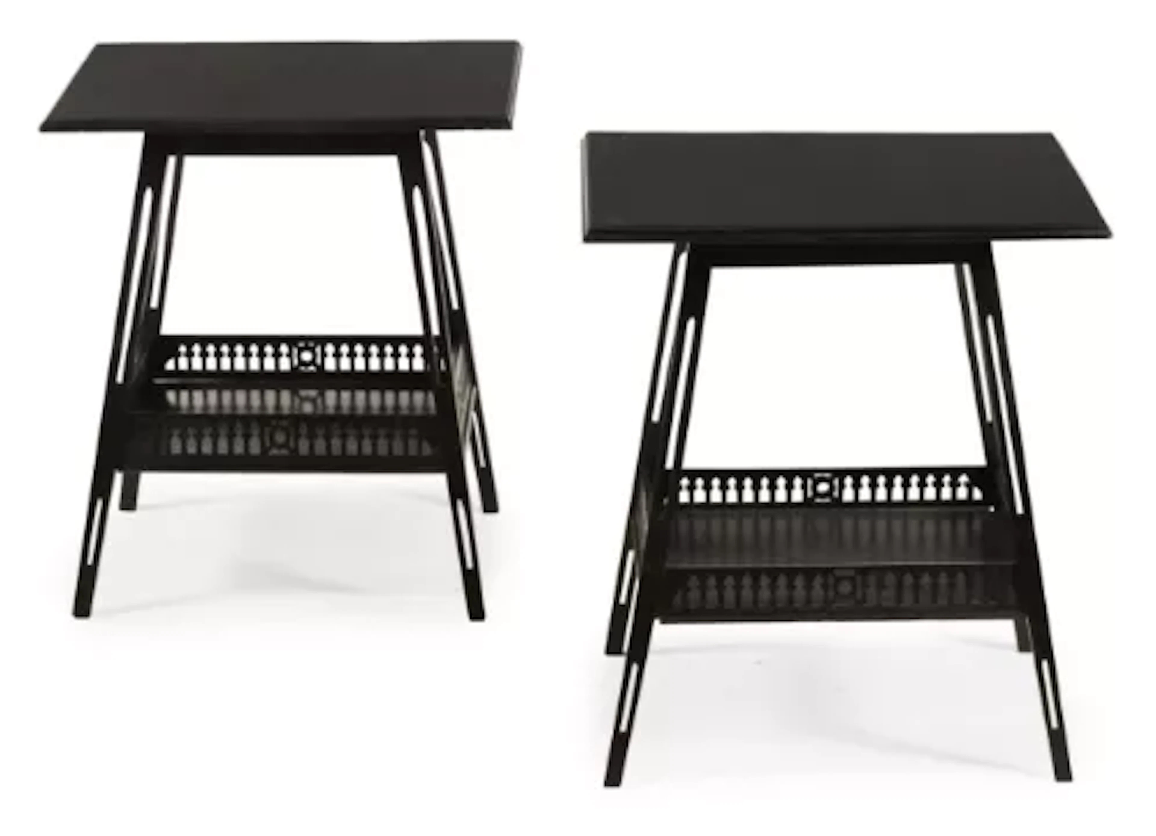 A CLOSELY MATCHED PAIR OF AESTHETIC MOVEMENT EBONISED TWO TIER OCCASIONAL