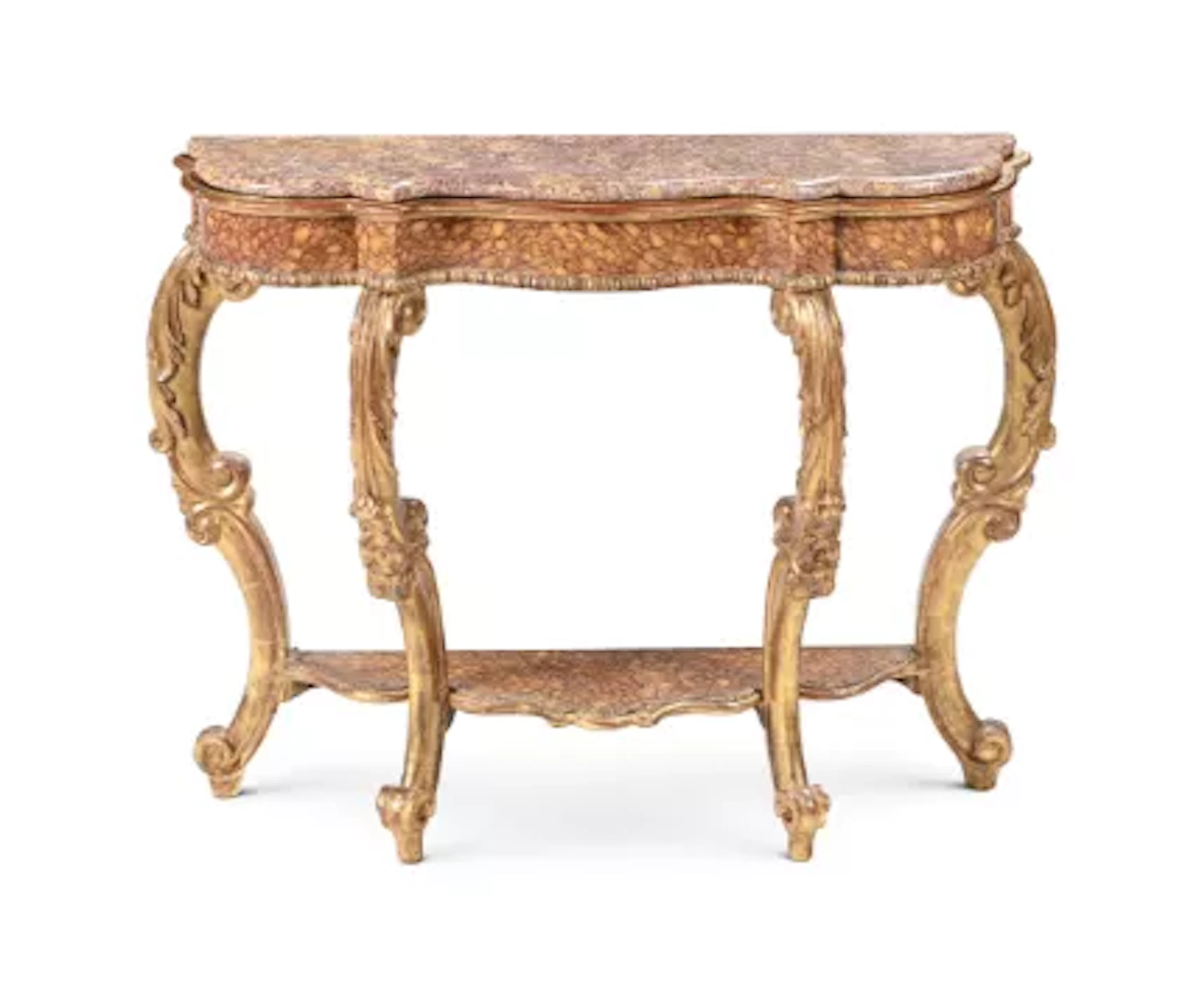 A CONTINENTAL CARVED GILTWOOD AND SIMULATED MARBLE CONSOLE TABLE