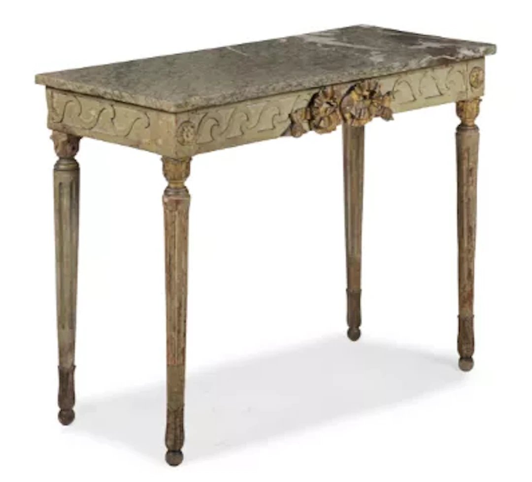 AN ITALIAN GREEN PAINTED AND PARCEL GILT CONSOLE TABLE, CIRCA 1790