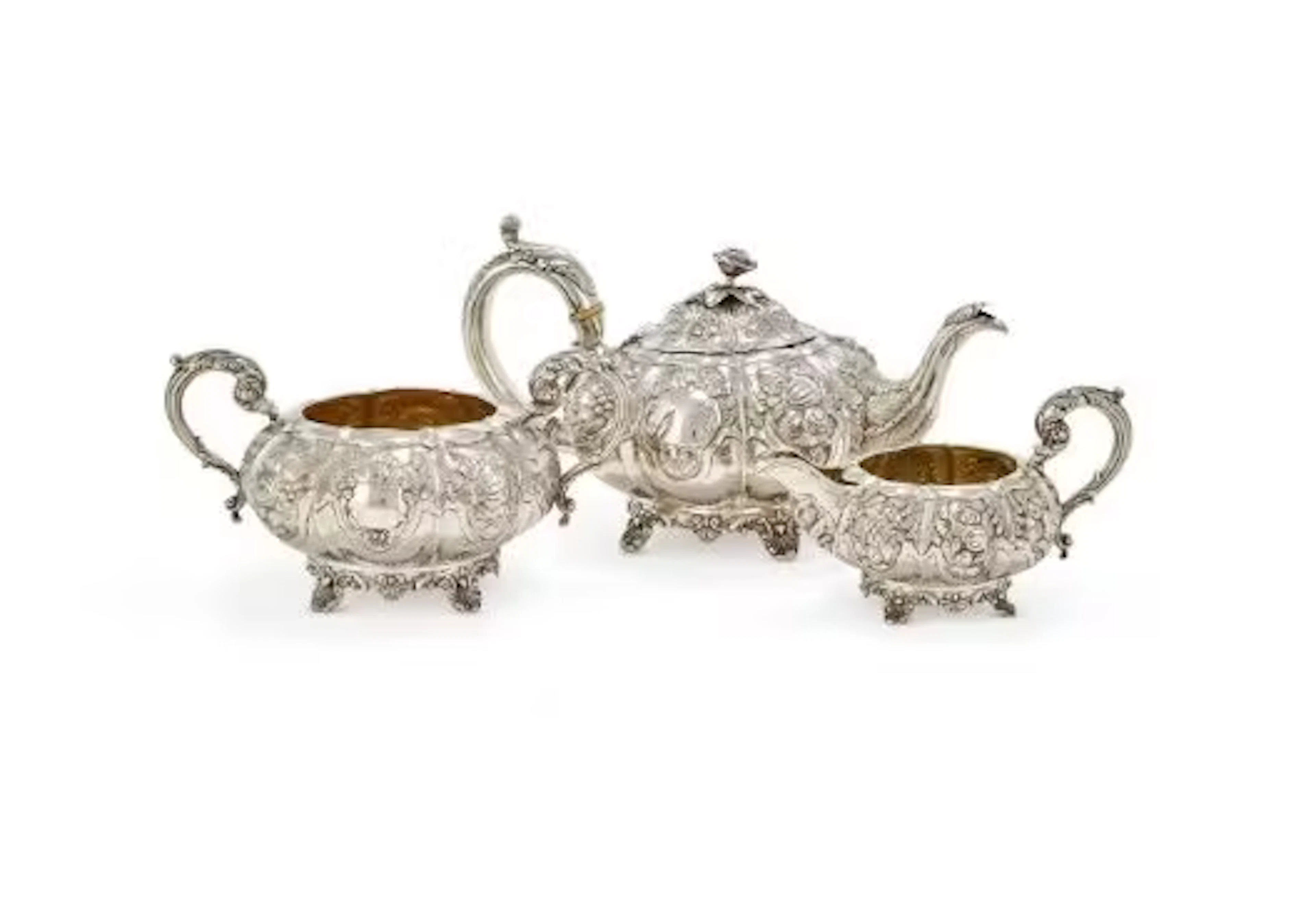 Y A WILLIAM IV SILVER LOBED CIRCULAR THREE PIECE TEA SET