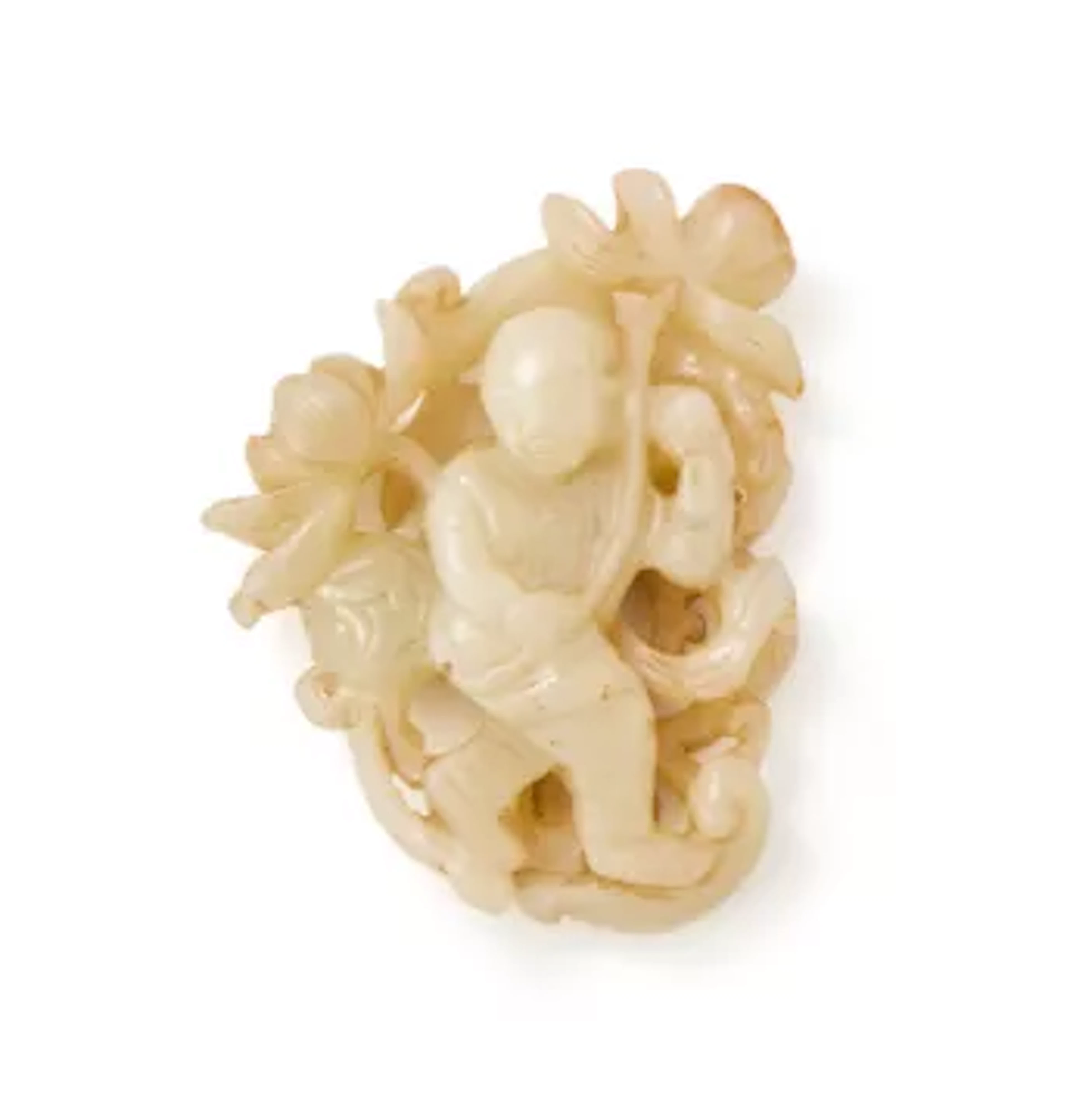 A Chinese white jade 'Boy and lotus' pendant, Song or Ming Dynasty