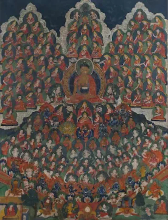 A Thang-ka depicting the Great Assembly Tree, Tibet, 19th century