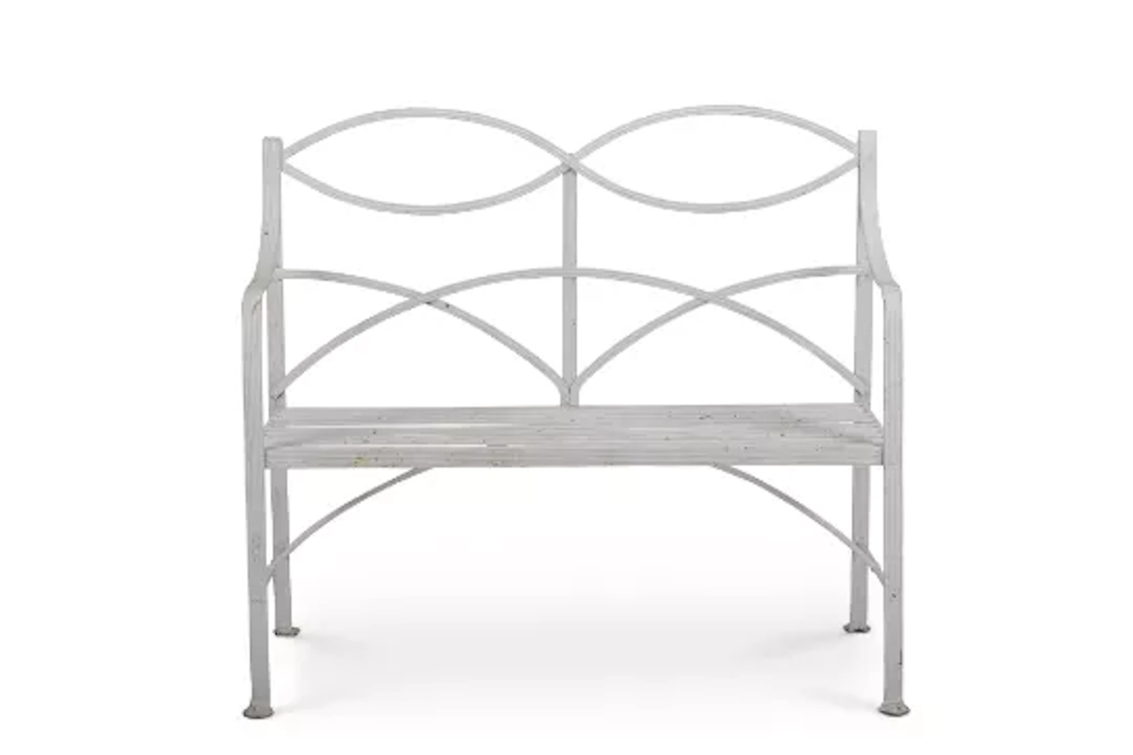 A WHITE PAINTED WROUGHT IRON GARDEN BENCH IN THE REGENCY STYLE, EARLY