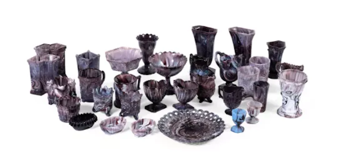 A COLLECTION OF ENGLISH PRESS MOULDED 'PURPLE MALACHITE' GLASS ITEMS