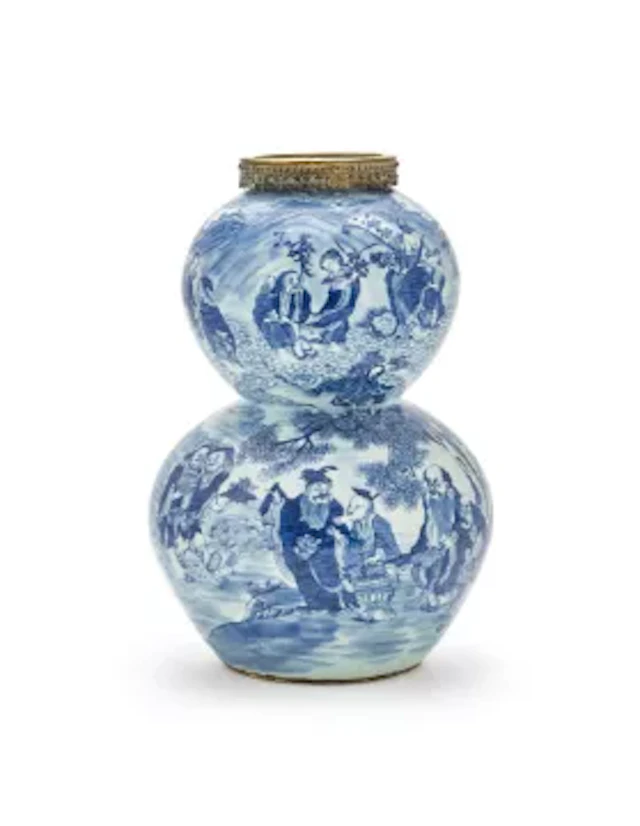A large Chinese blue and white double-gourd shaped 'Daoist Deities'