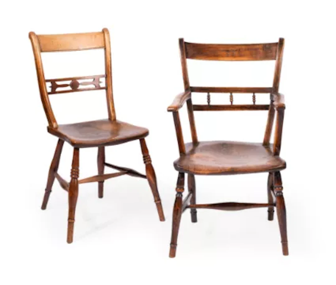A FRUITWOOD AND ELM WINDSOR ARMCHAIR, AND SIMILAR SIDE CHAIR, FIRST