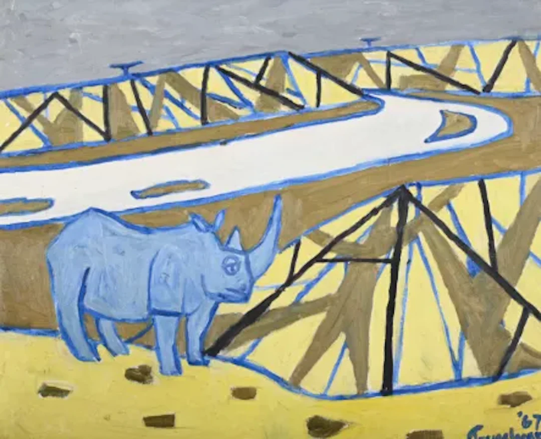 λ JULIAN TREVELYAN (BRITISH 1910-1988), RHINO IN A RIVER LANDSCAPE