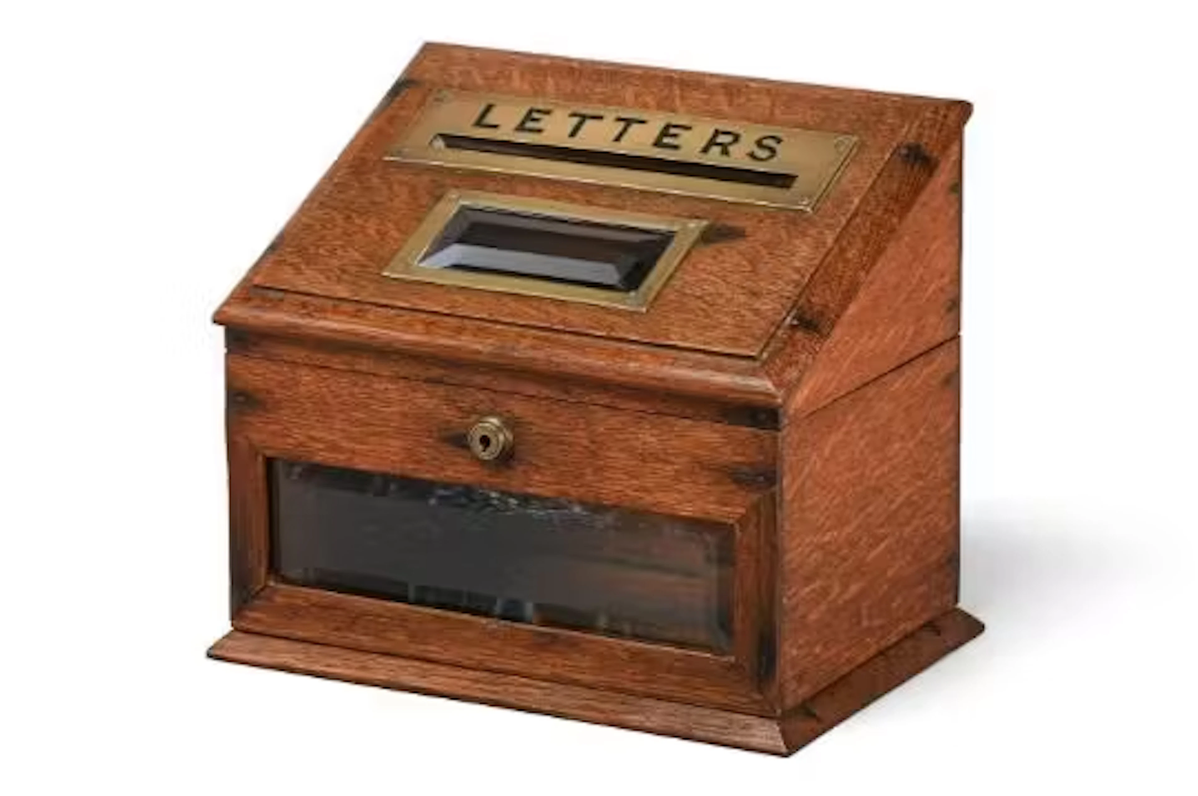 A VICTORIAN OAK AND BRASS MOUNTED LETTER BOX, BY J.C. VICKERY, LATE