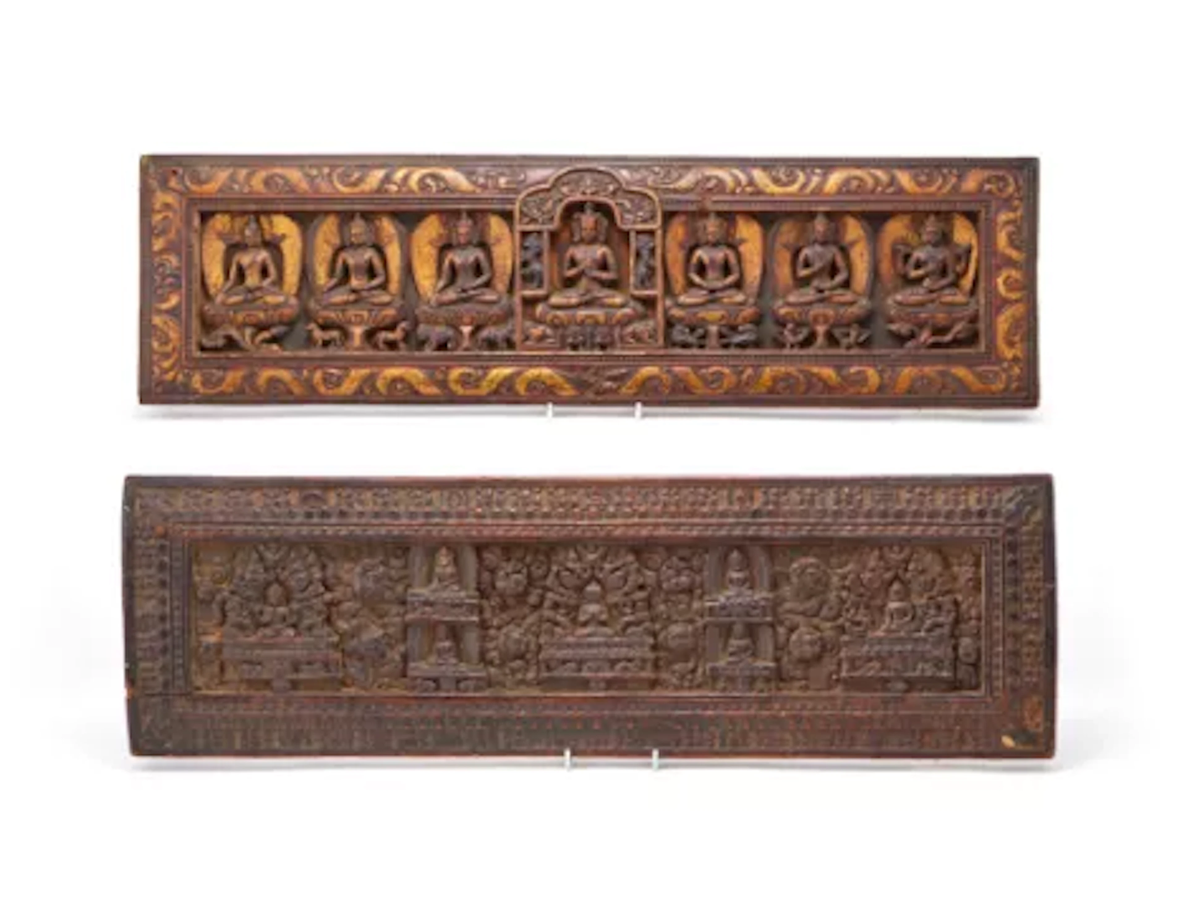 A Tibetan gilt lacquered wood manuscript cover, 16th century