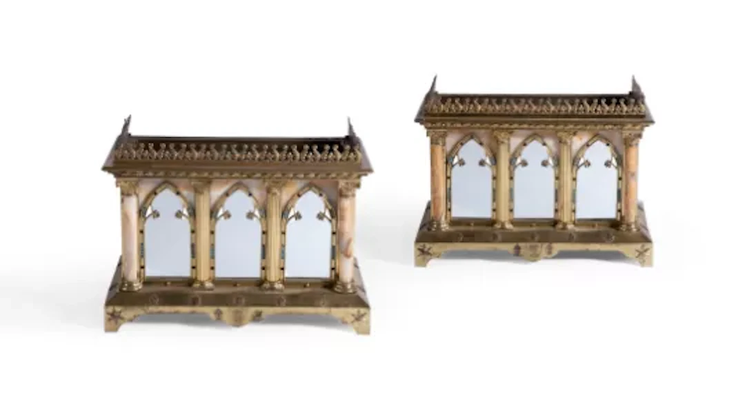 A PAIR OF GILT BRONZE AND CHAMPLEVE MOUNTED ONYX JARDINIERES, FRENCH
