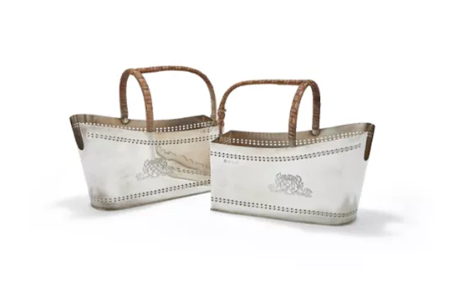 A PAIR OF SILVER WINE BOTTLE CRADLES, BARKER ELLIS SILVER CO., BIRMINGHAM 1980