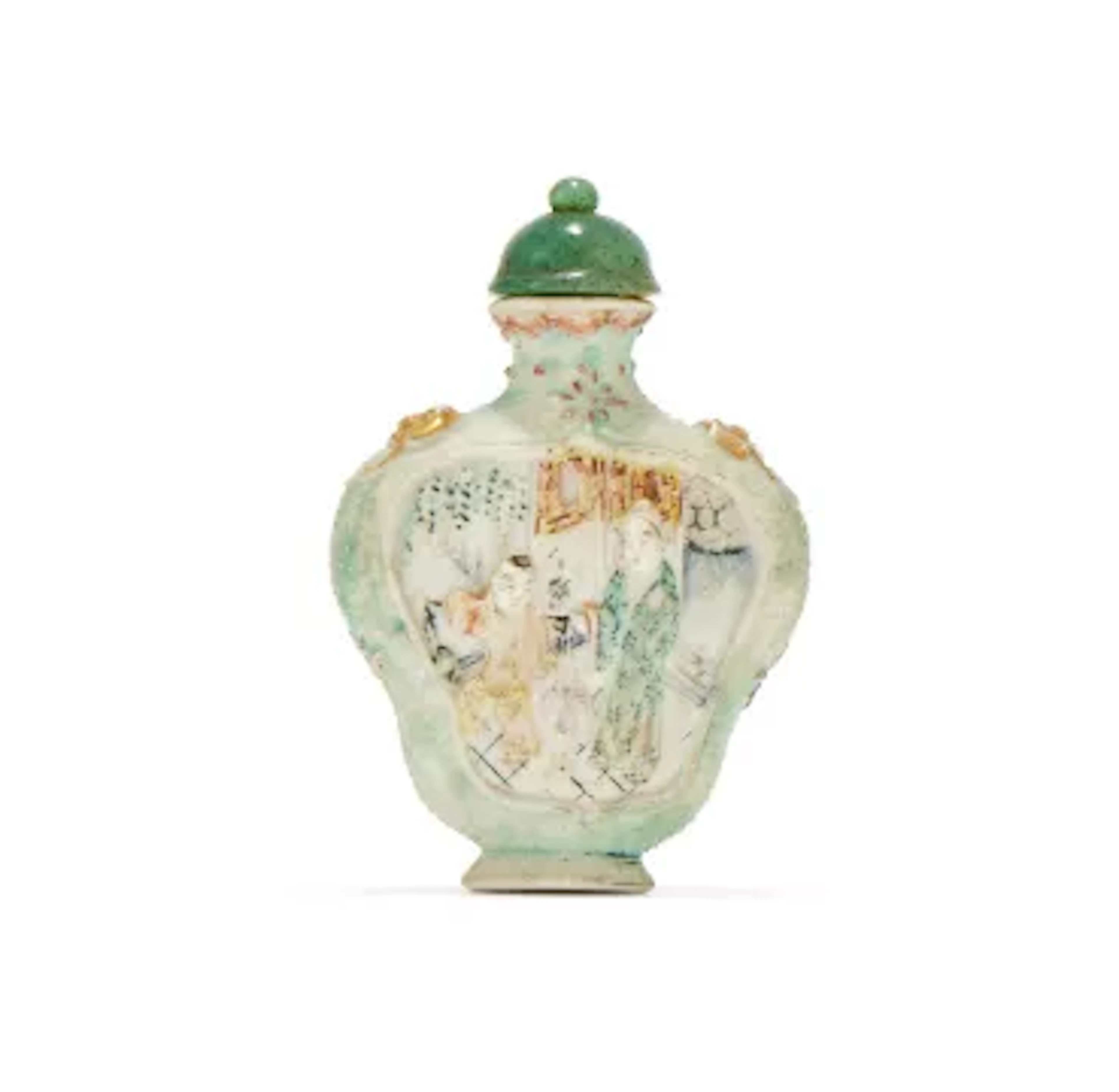 A Chinese moulded famille rose 'Romance of the Western Chamber' snuff