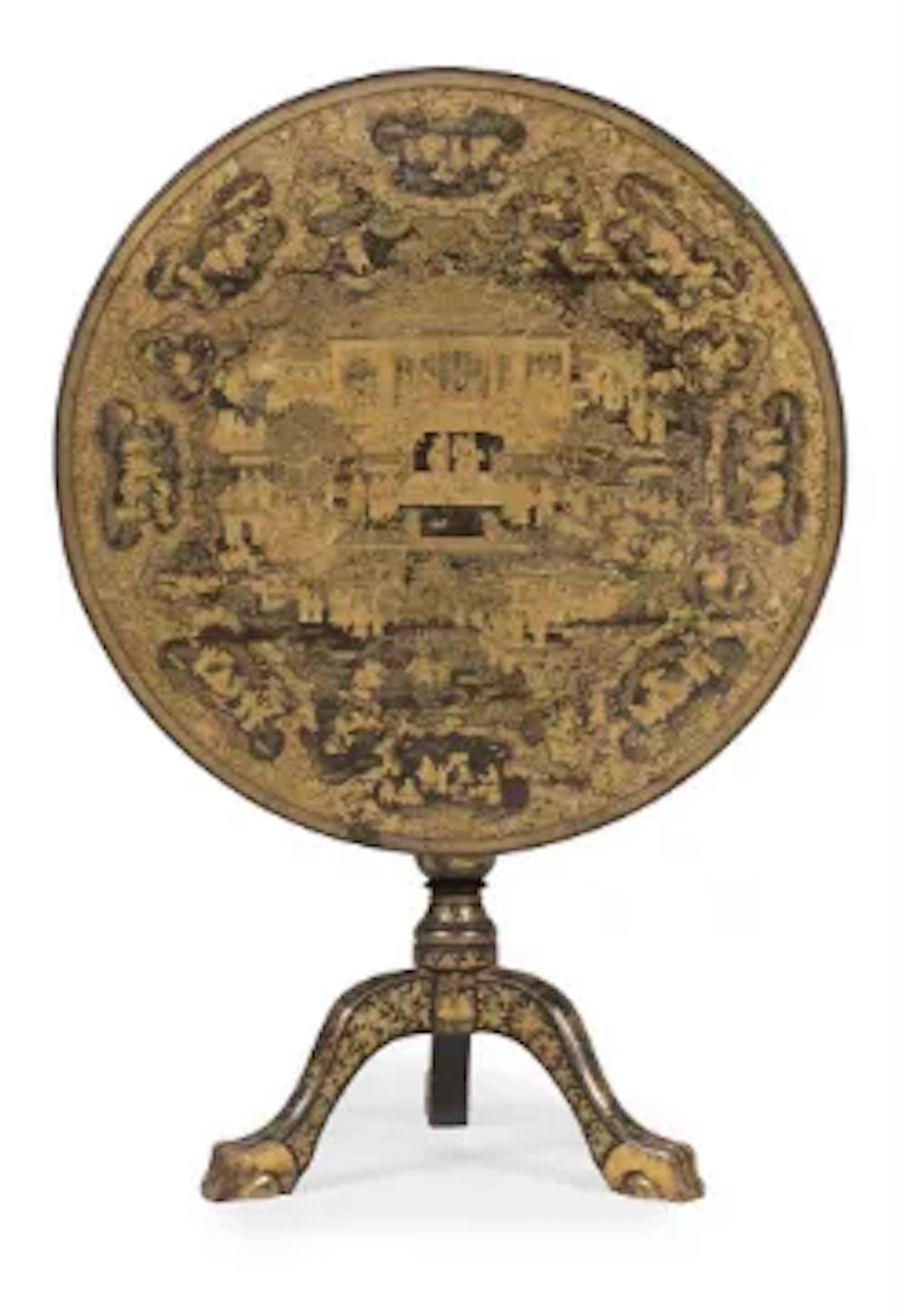 A CHINESE EXPORT BLACK LACQUER AND CHINOISERIE DECORATED 'BIRDCAGE'