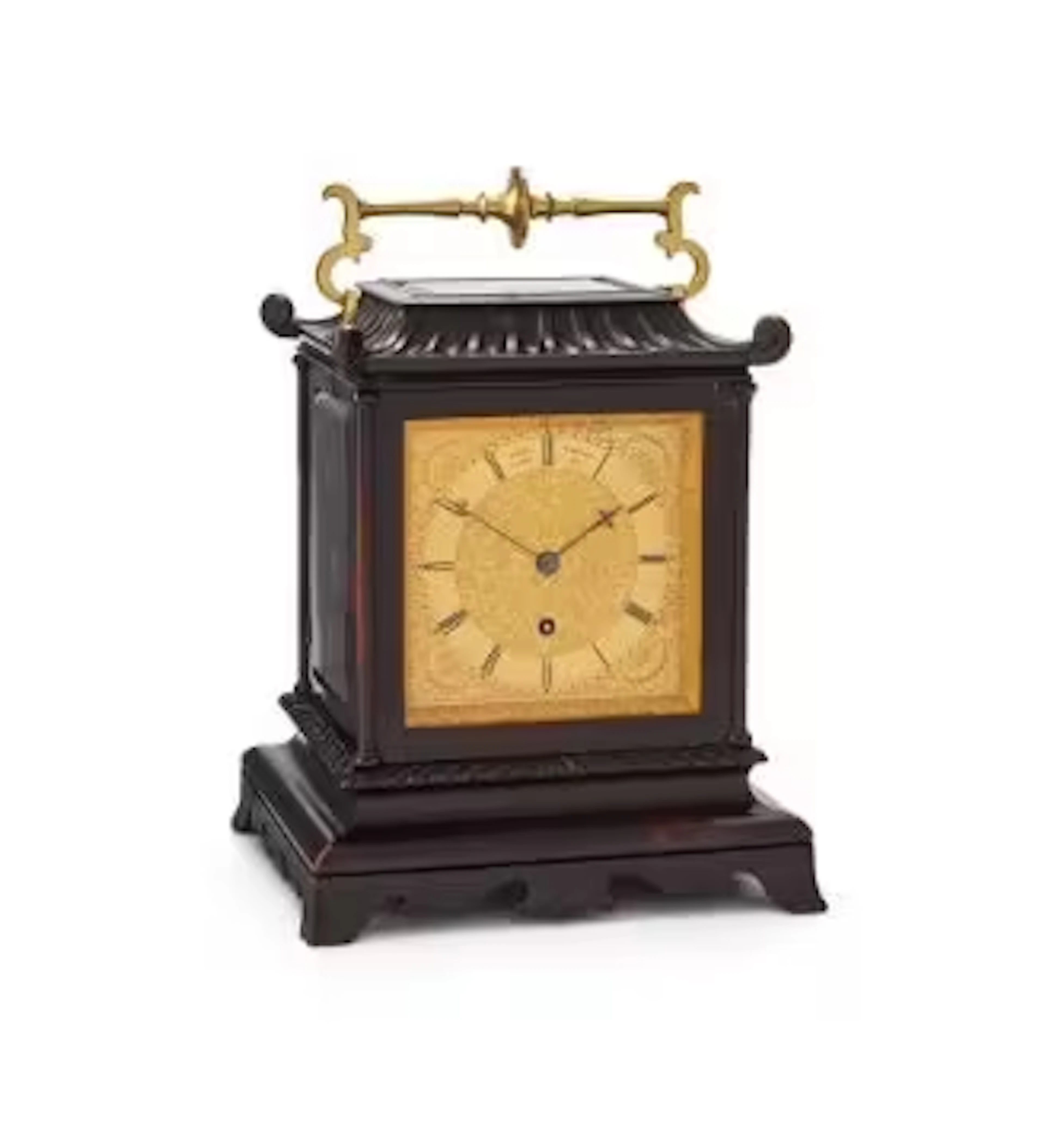 A FINE VICTORIAN CARVED EBONISED CARRIAGE OR TRAVELLING TIMEPIECE