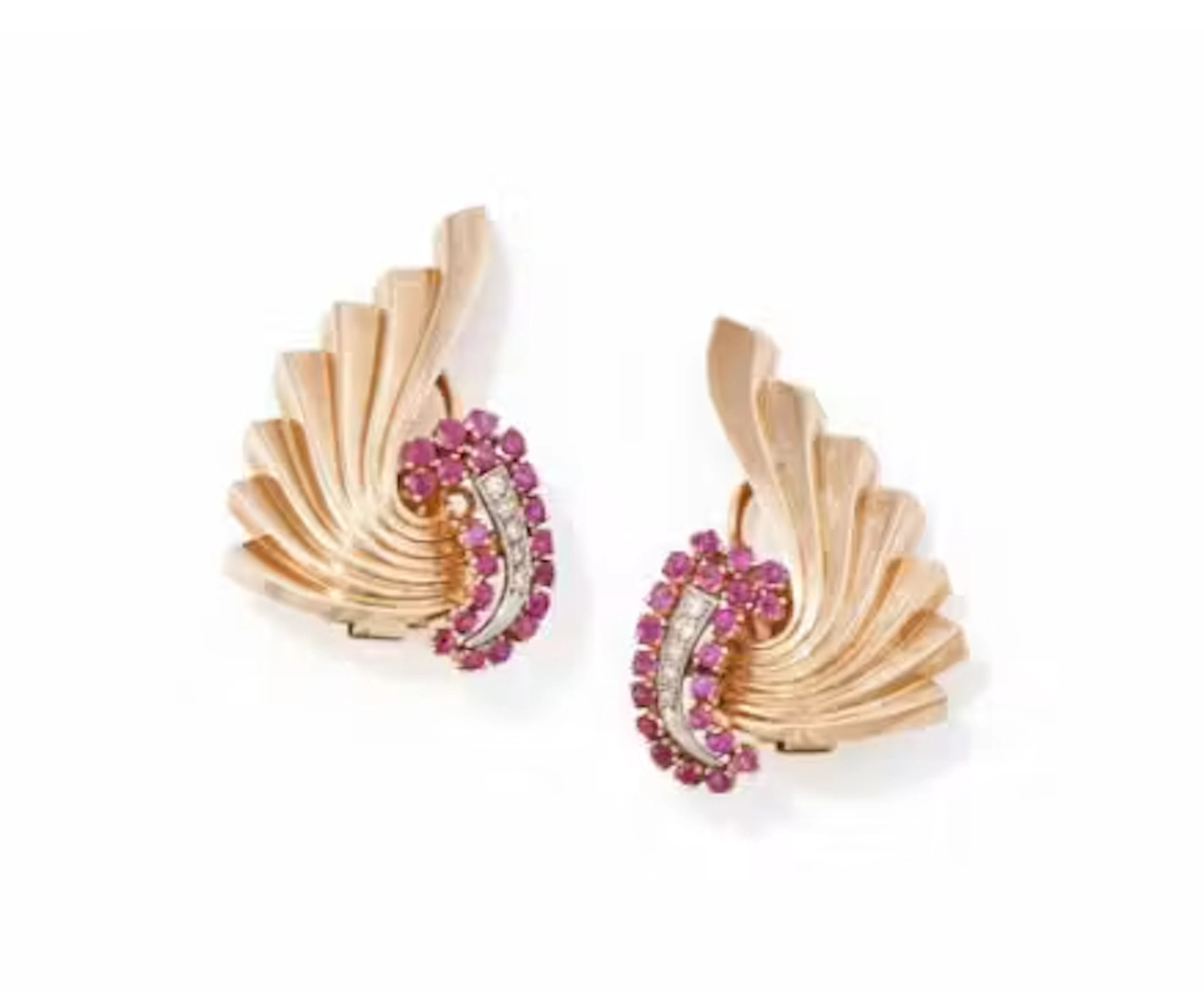 A PAIR OF 1950S RUBY AND DIAMOND WINGED EARRINGS