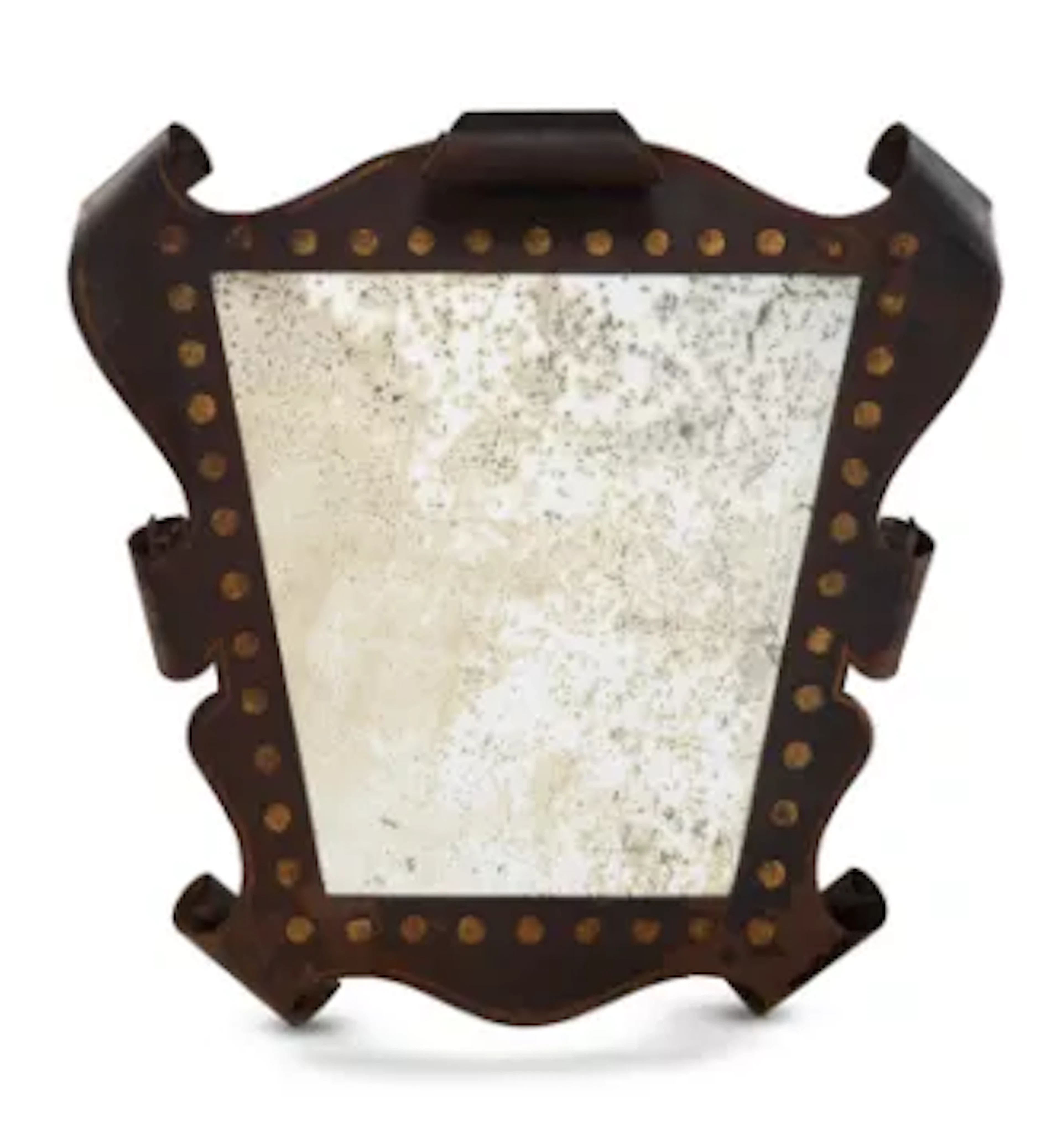 A WROUGHT AND WEATHERED METAL FRAMED MIRROR, 20TH CENTURY