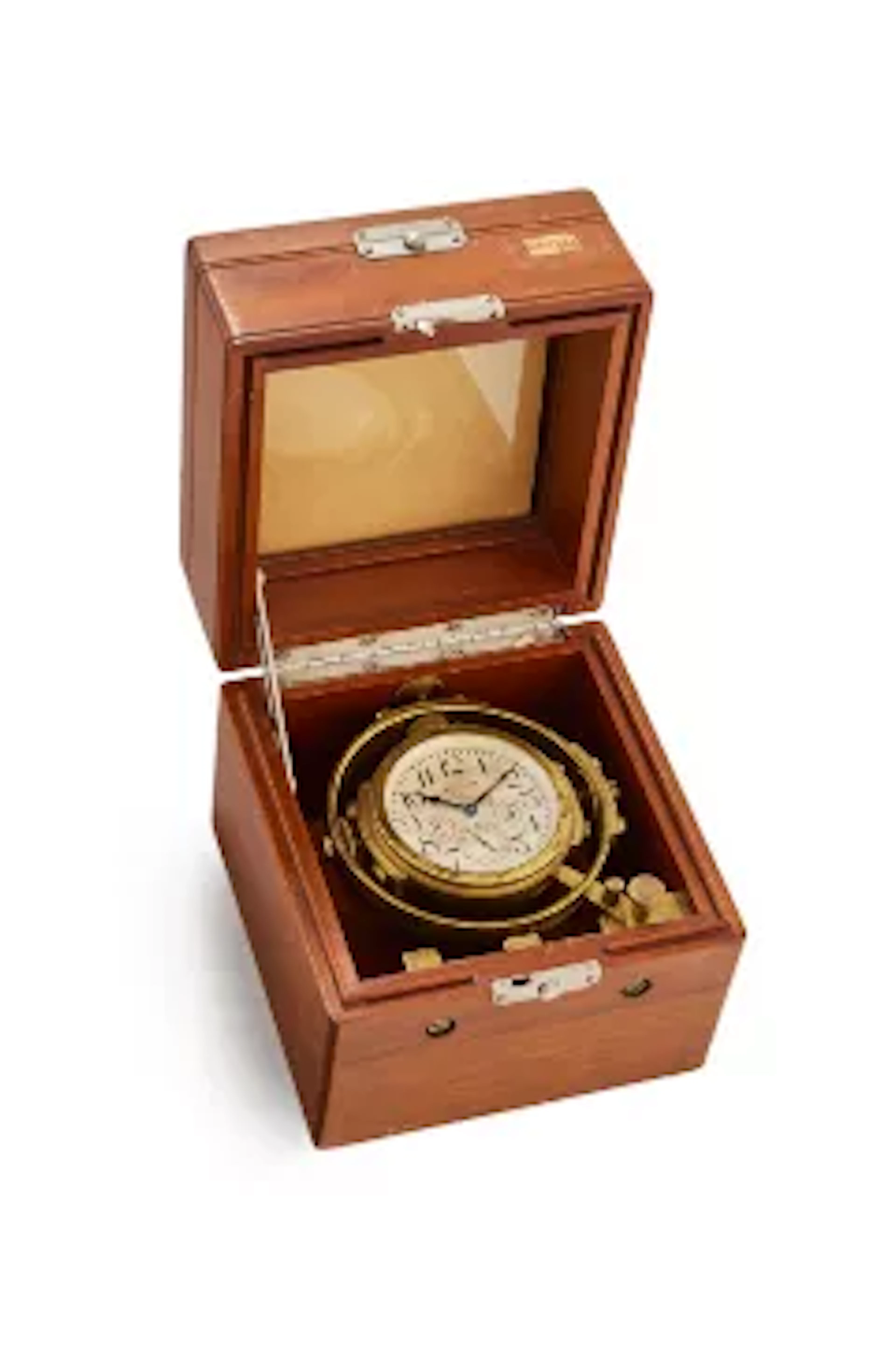 AN AMERICAN WWII PERIOD MAHOGANY CASED GIMBALLED DECK WATCH