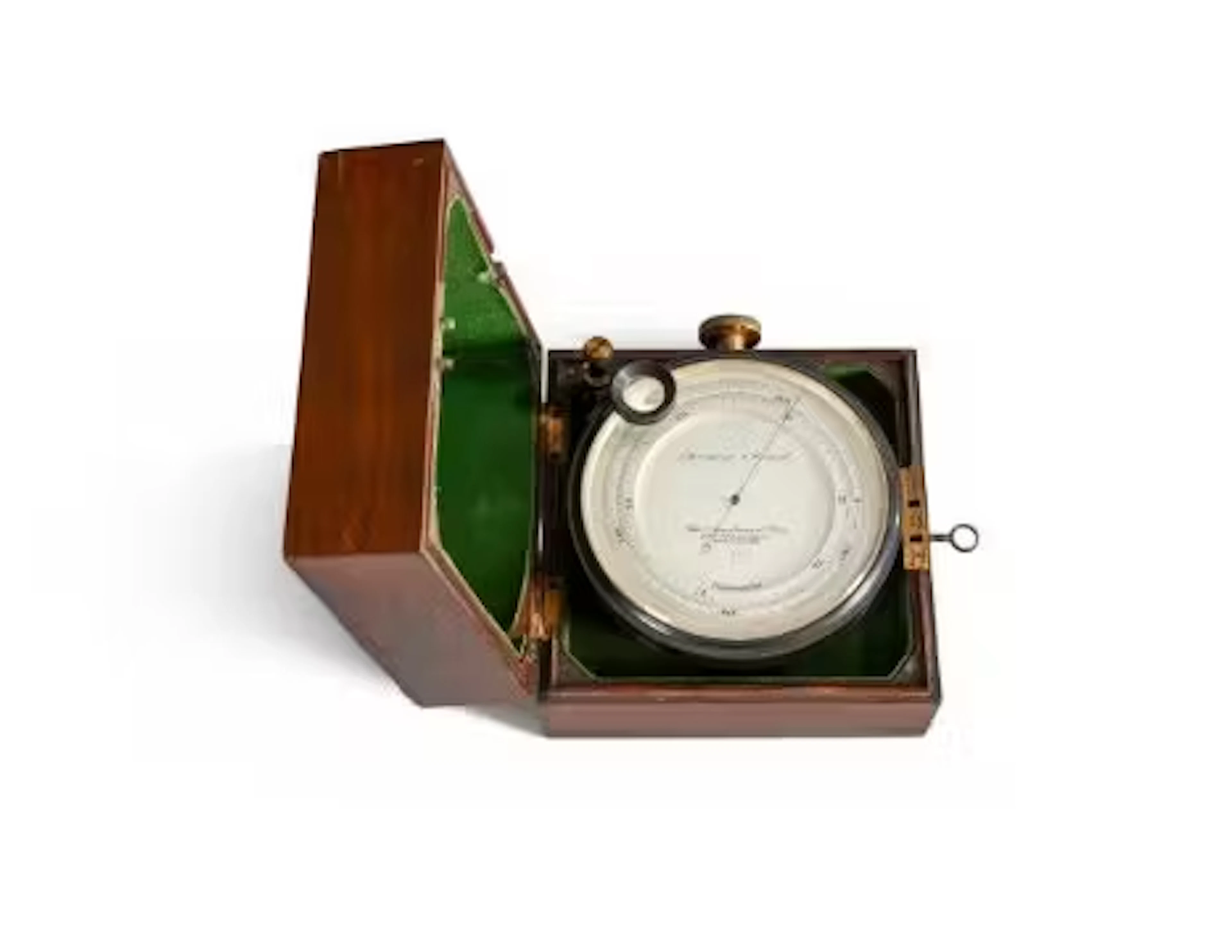 AN OXIDISED BRASS-SURVEYOR’S ANEROID BAROMETER WITH ALTIMETER SCALE